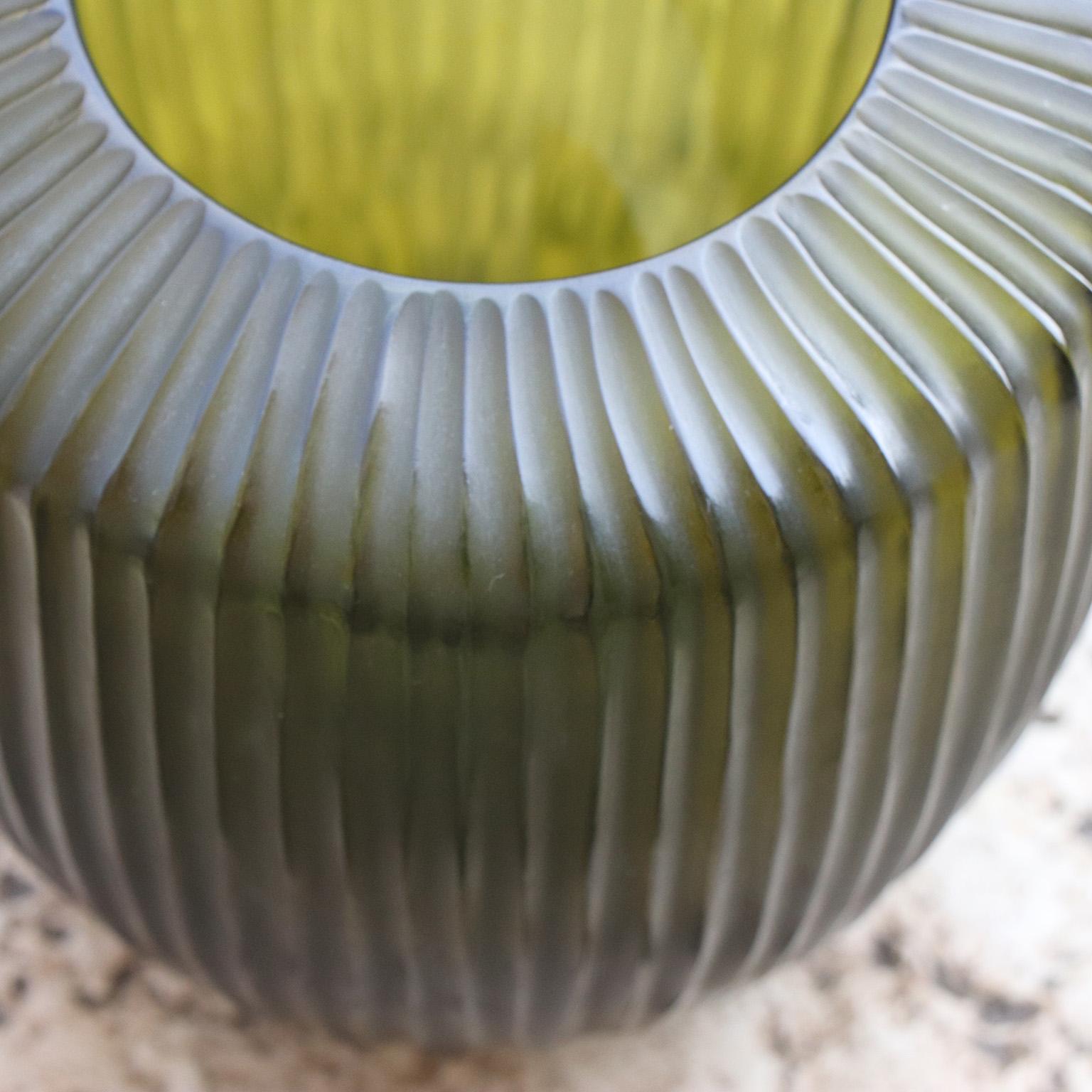 Modern 21st Century by Micheluzzi Glass Goccia Olive Green Vase Handmade Murano Glass