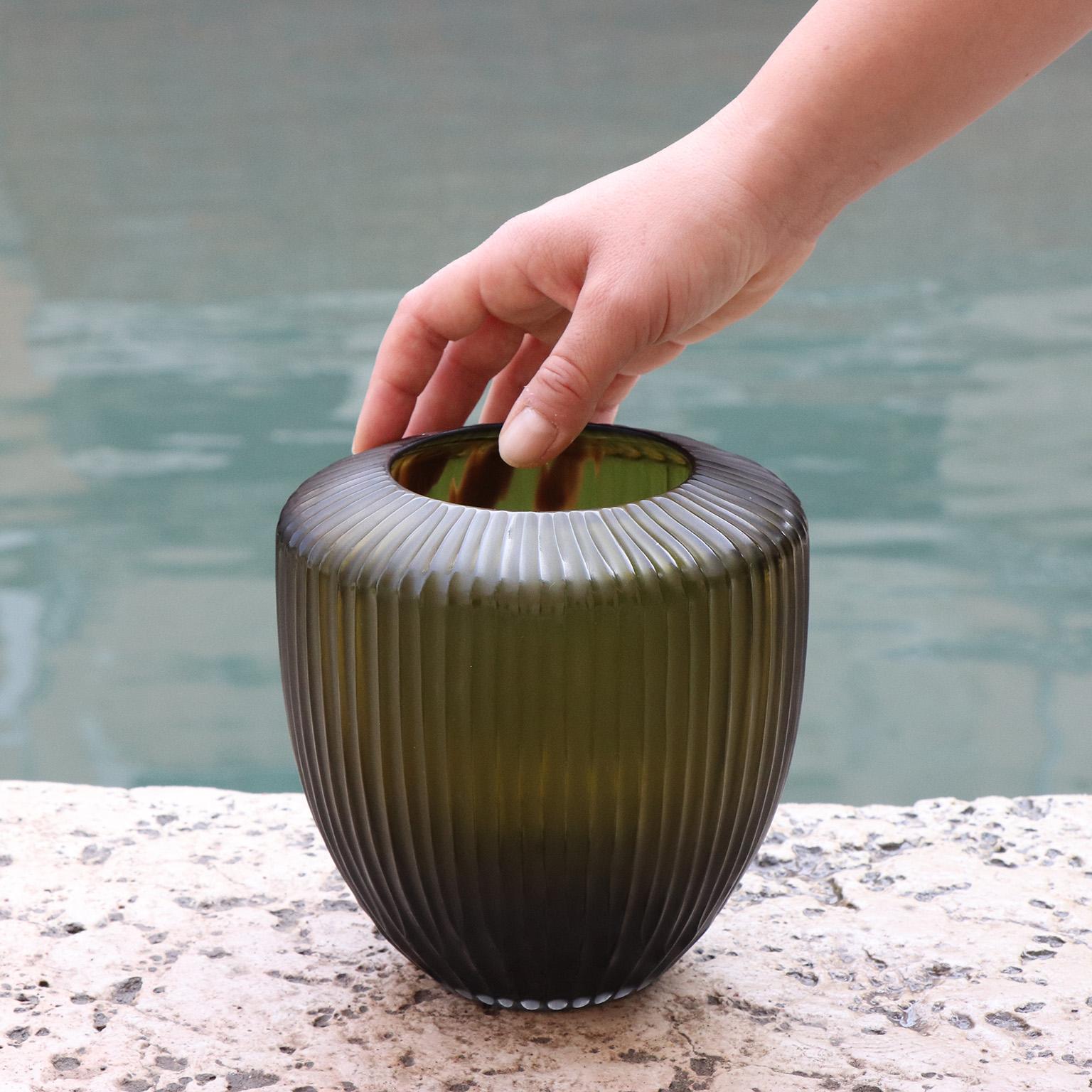 Hand-Carved 21st Century by Micheluzzi Glass Goccia Olive Green Vase Handmade Murano Glass