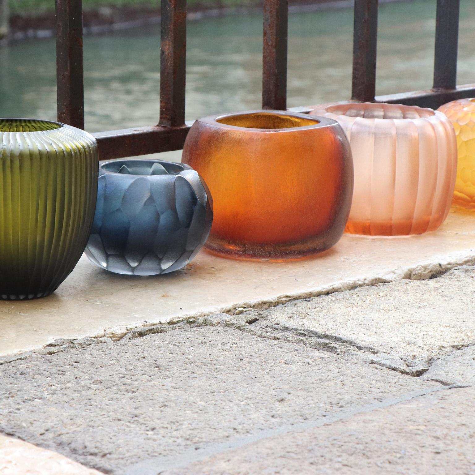 Contemporary 21st Century by Micheluzzi Glass Goccia Olive Green Vase Handmade Murano Glass