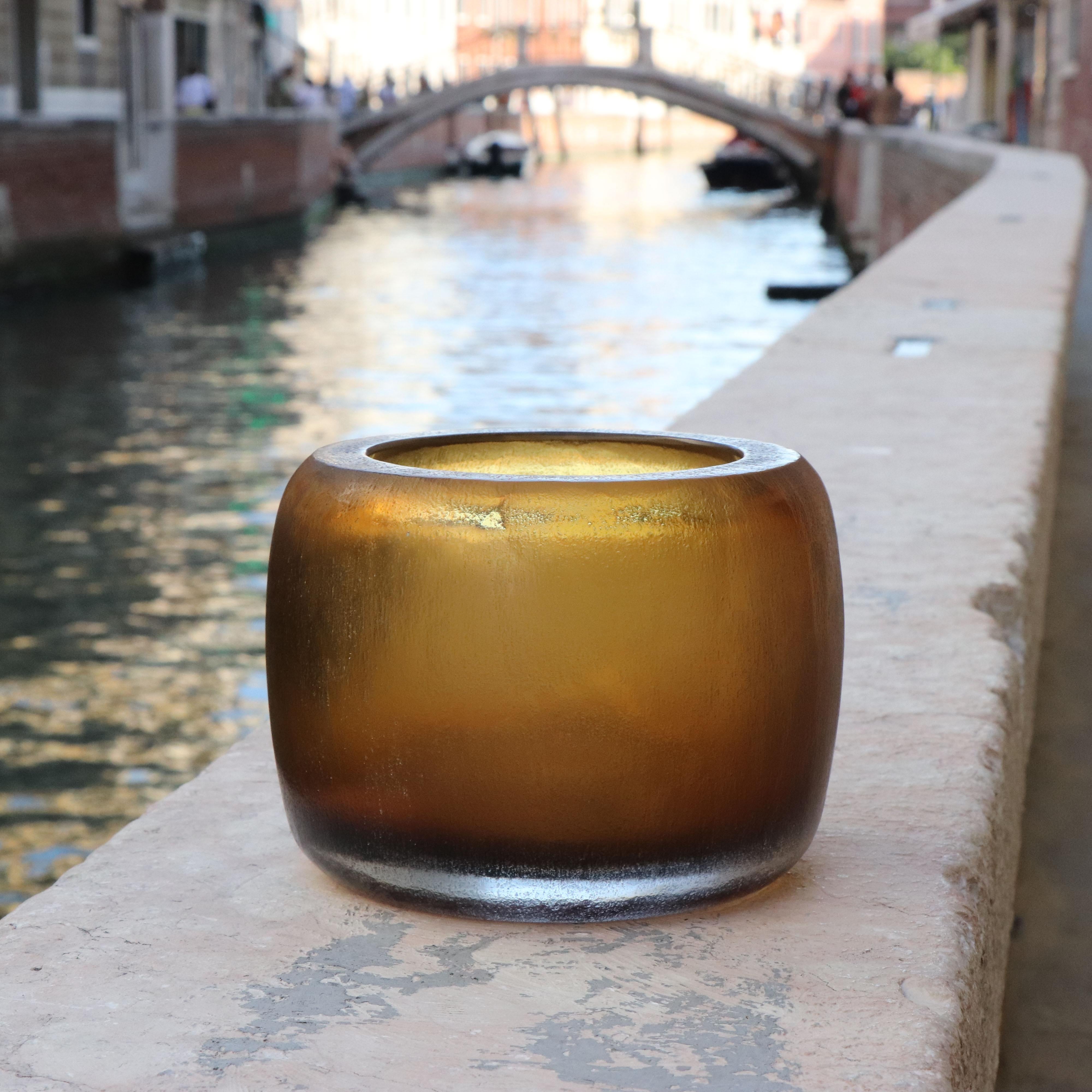 Modern 21st Century by Micheluzzi Glass Pozzo Amber Vase Handmade Murano Glass For Sale