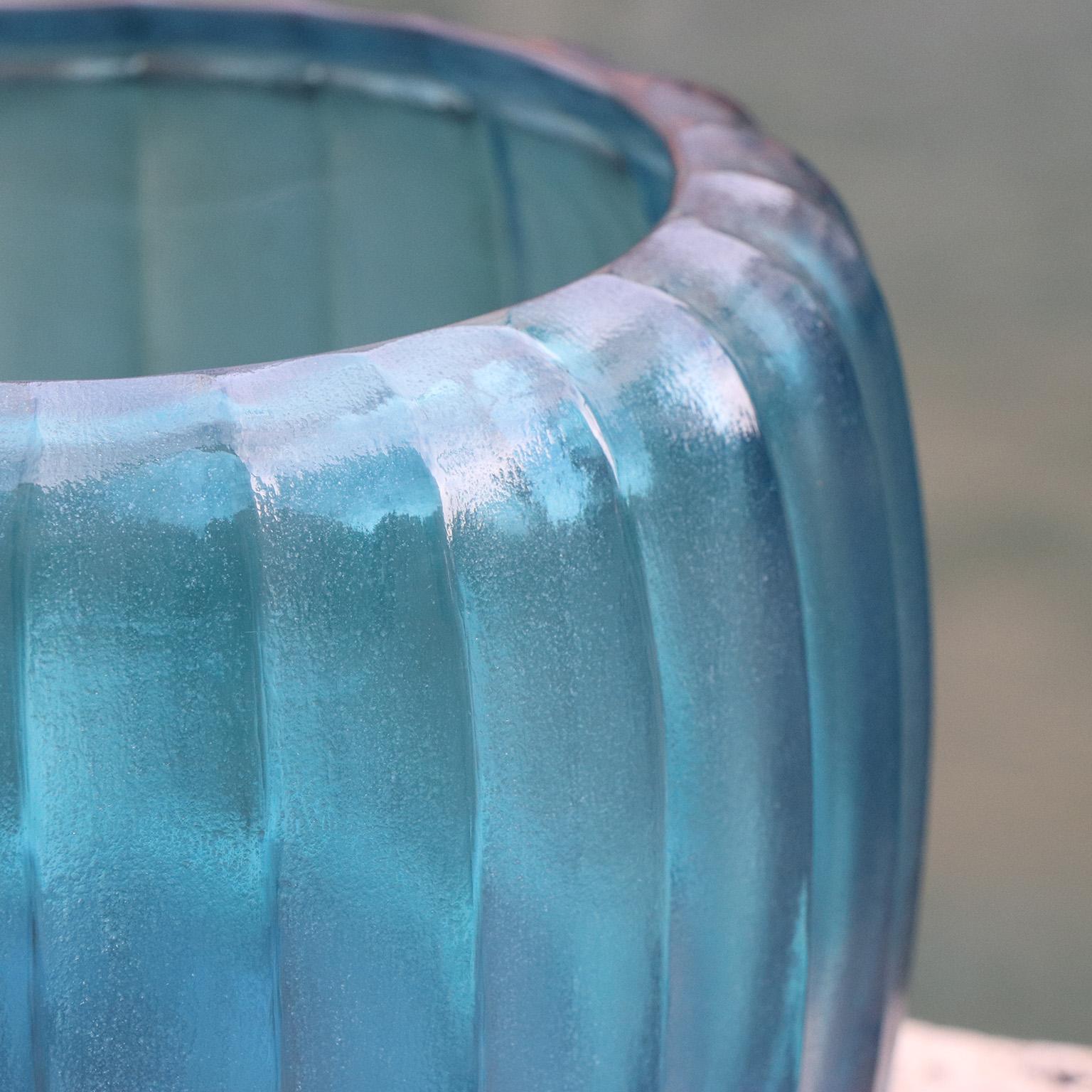Modern 21st Century by Micheluzzi Glass Pozzo Aquamarine Vase Handmade Murano Glass For Sale