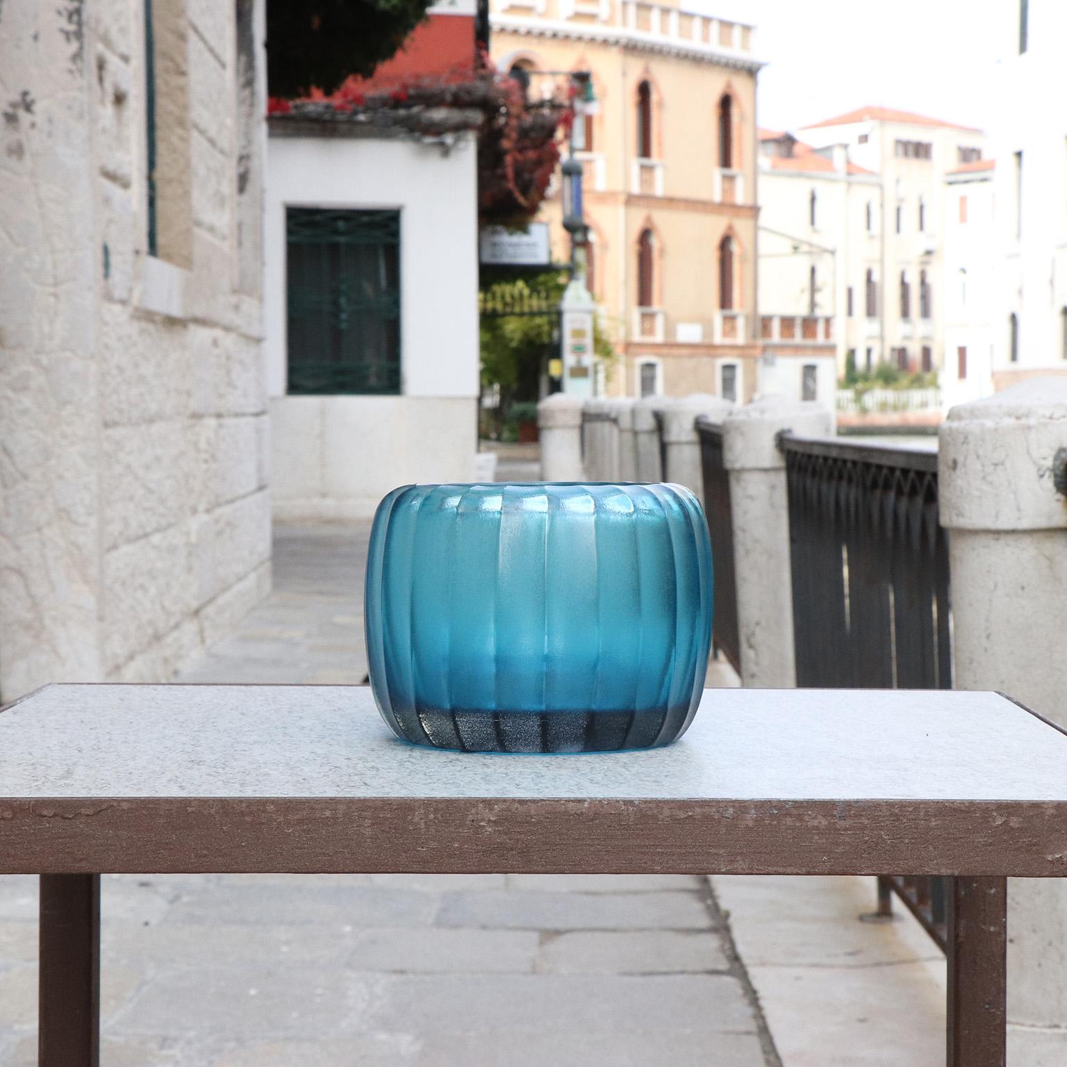 Modern 21st Century by Micheluzzi Glass Pozzo Aquamarine Vase Handmade Murano Glass