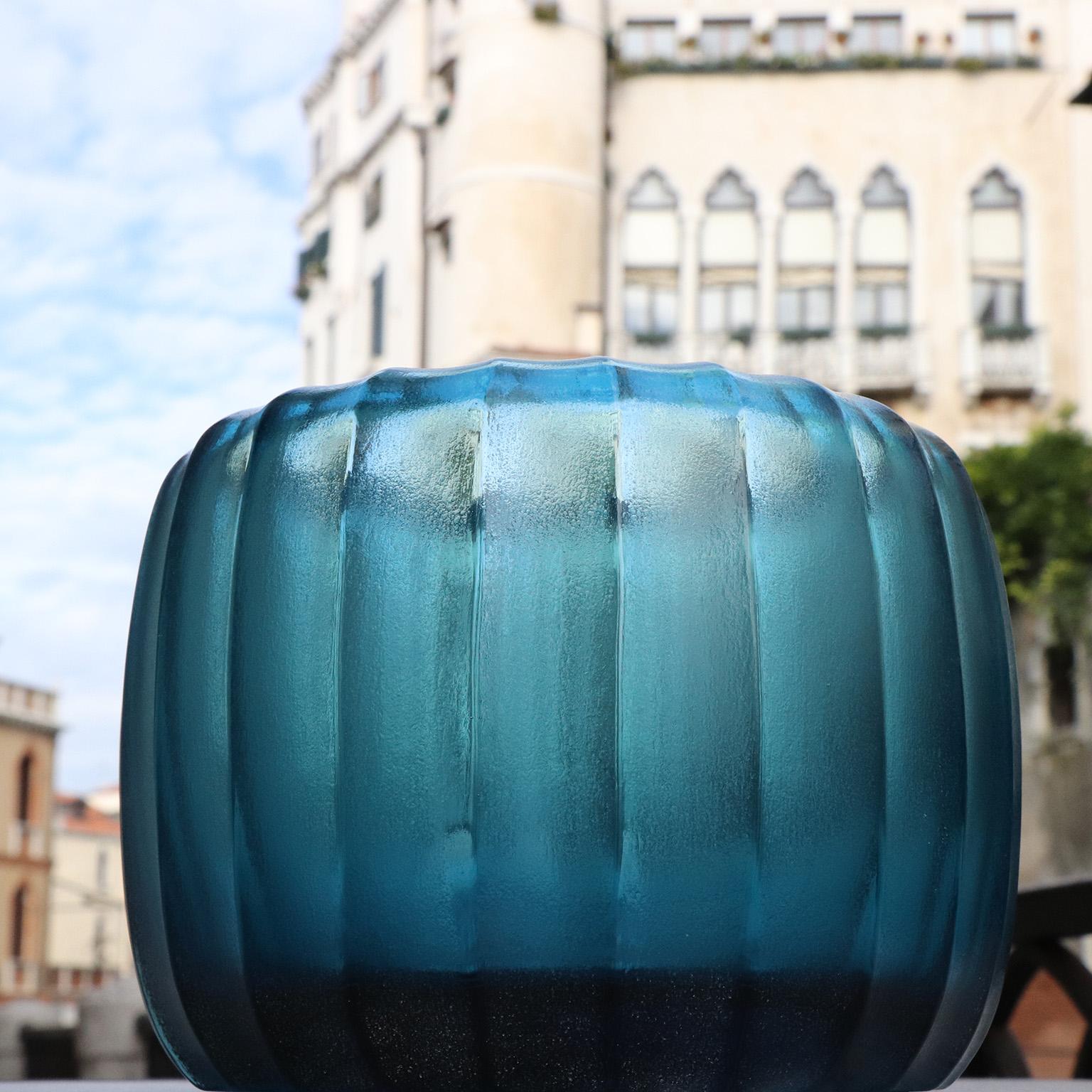 Hand-Carved 21st Century by Micheluzzi Glass Pozzo Aquamarine Vase Handmade Murano Glass For Sale