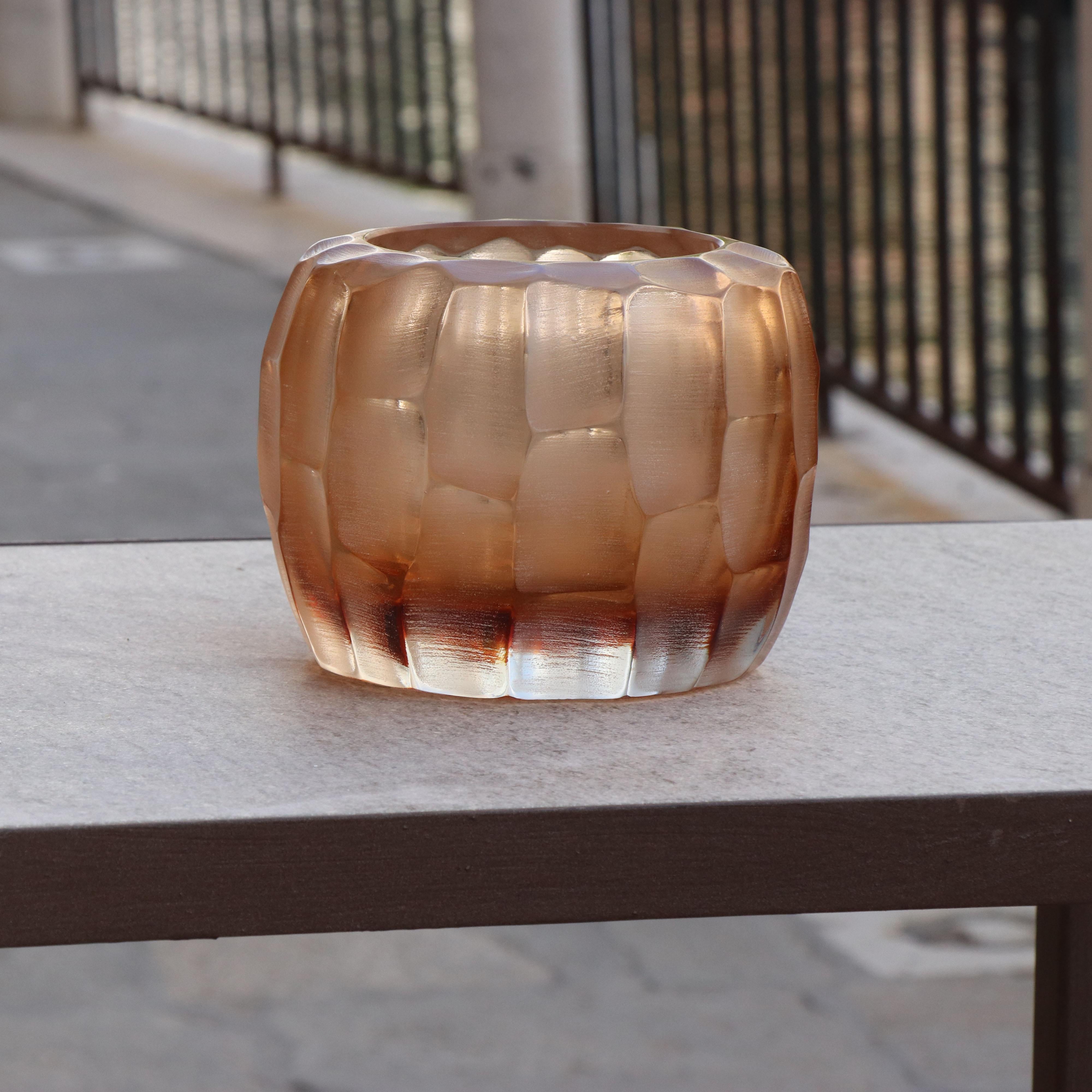 Hand-Carved 21st Century by Micheluzzi Glass Pozzo Rose Vase Handmade Murano Glass For Sale