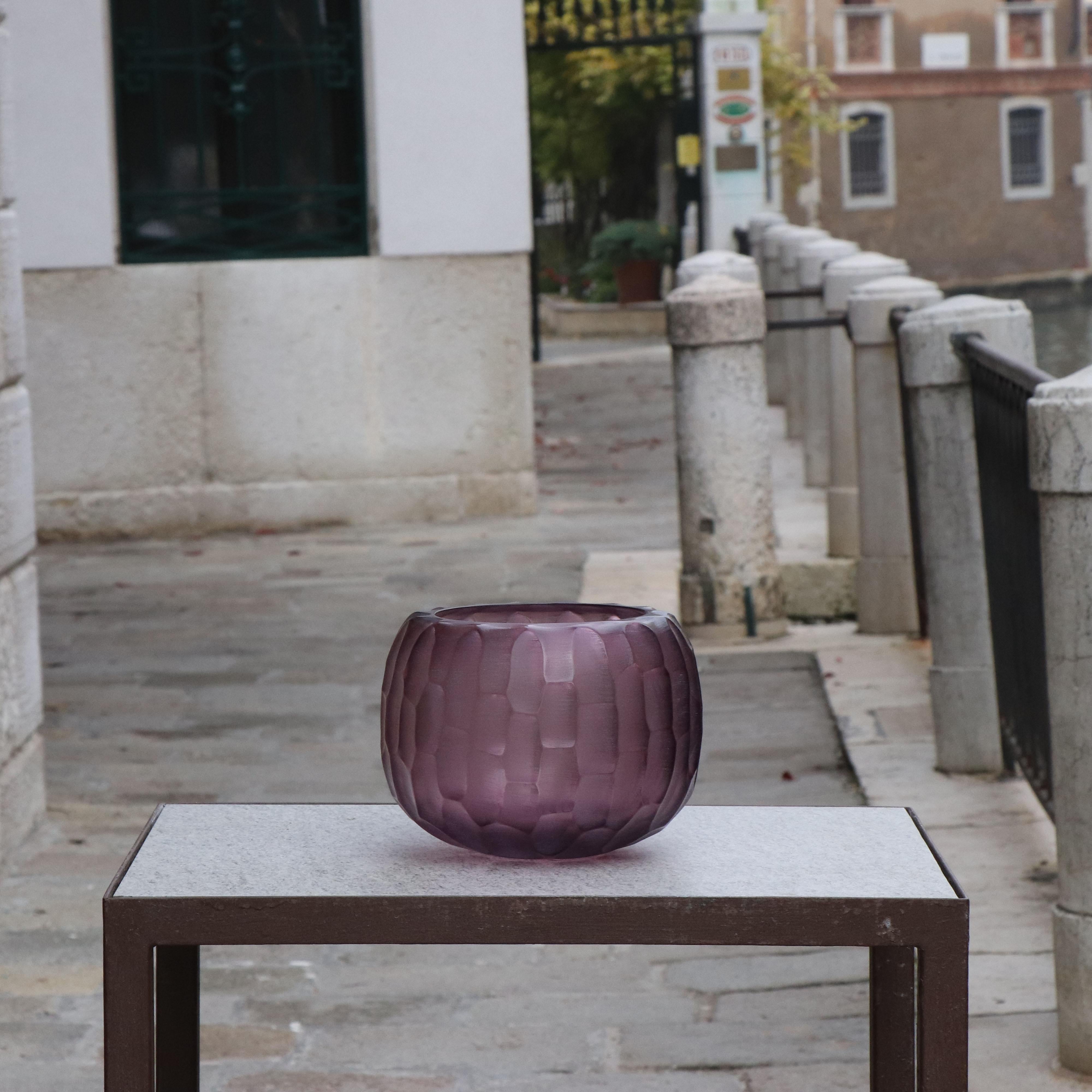 Hand-Carved 21st Century by Micheluzzi Glass Puffo Amethyst Vase Handmade Murano Glass