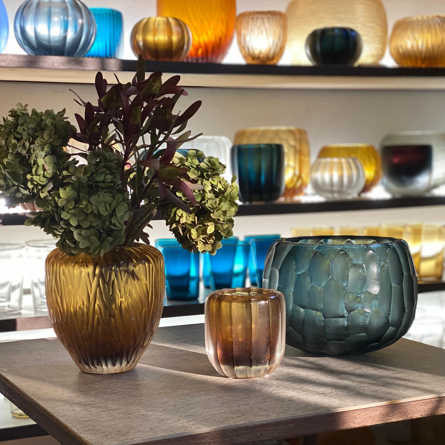 Hand-Carved 21st Century by Micheluzzi Glass Puffo Dark Blue Vase Handmade Murano Glass