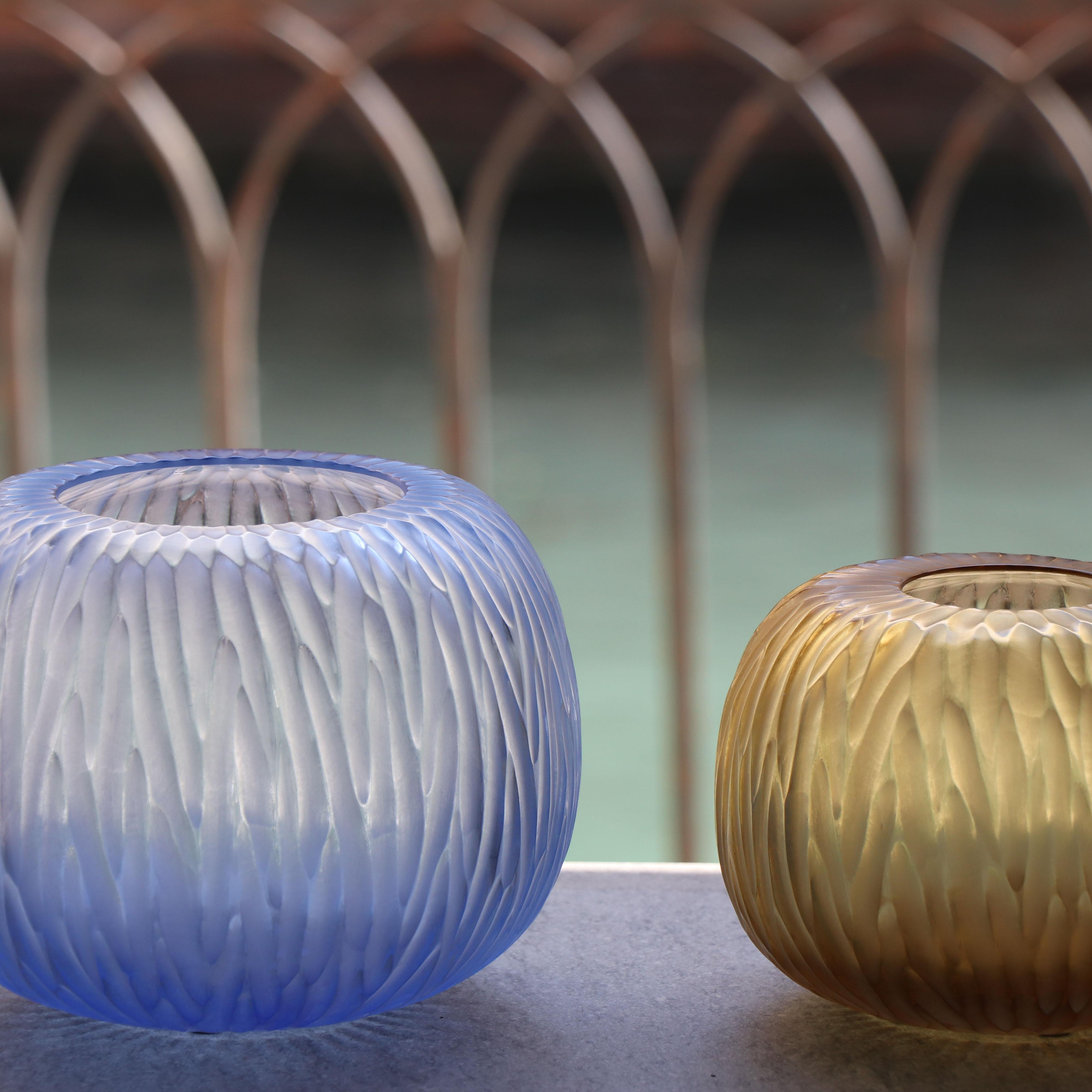 Italian 21st Century by Micheluzzi Glass Puffo Light Blue Vase Handmade Murano Glass For Sale