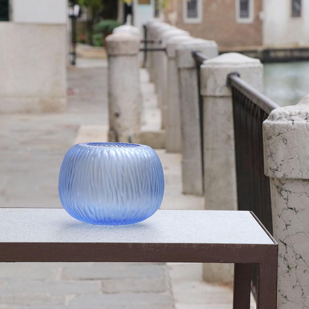 Hand-Carved 21st Century by Micheluzzi Glass Puffo Light Blue Vase Handmade Murano Glass For Sale