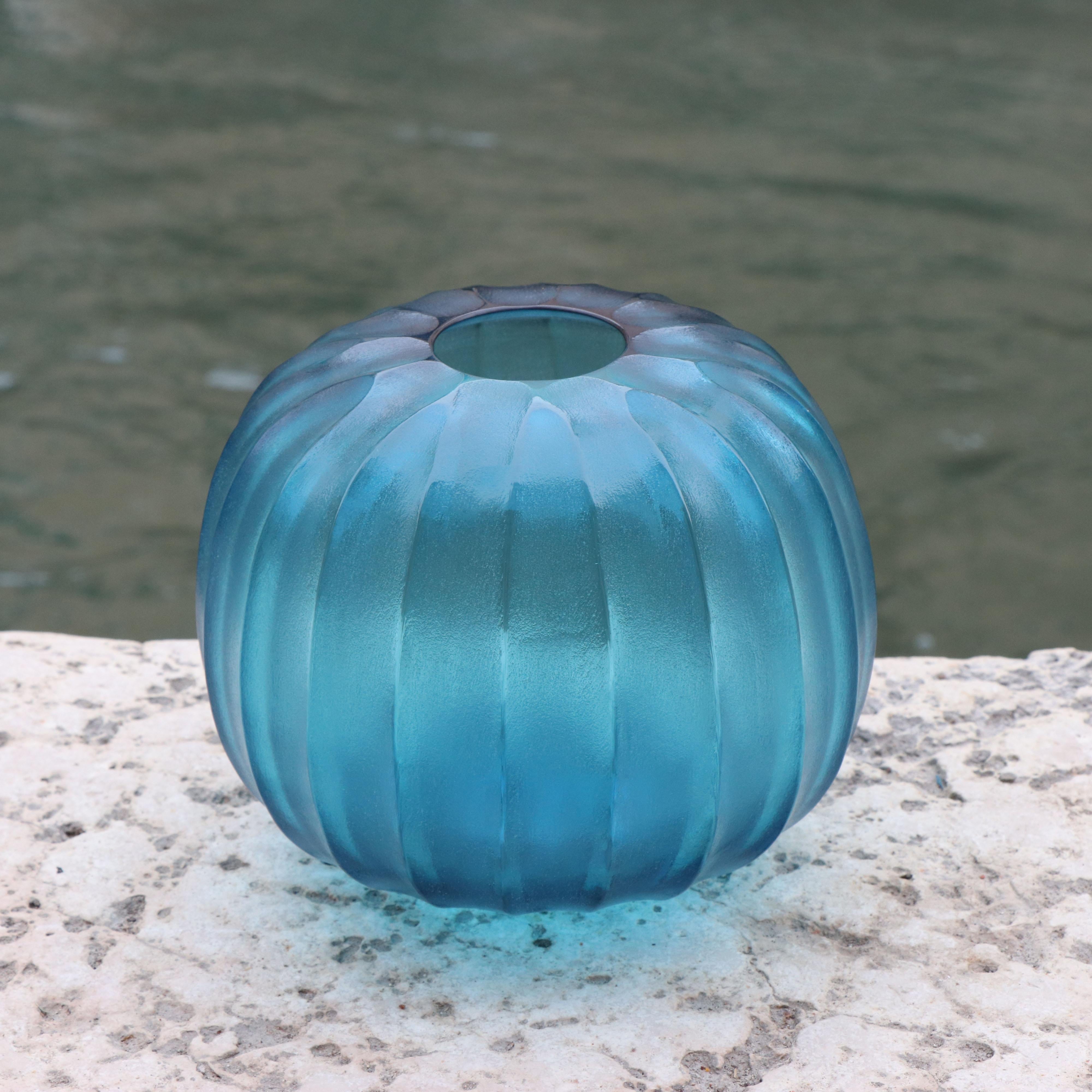 Modern 21st Century by Micheluzzi Glass Riccio Aquamarine Vase Handmade Murano Glass