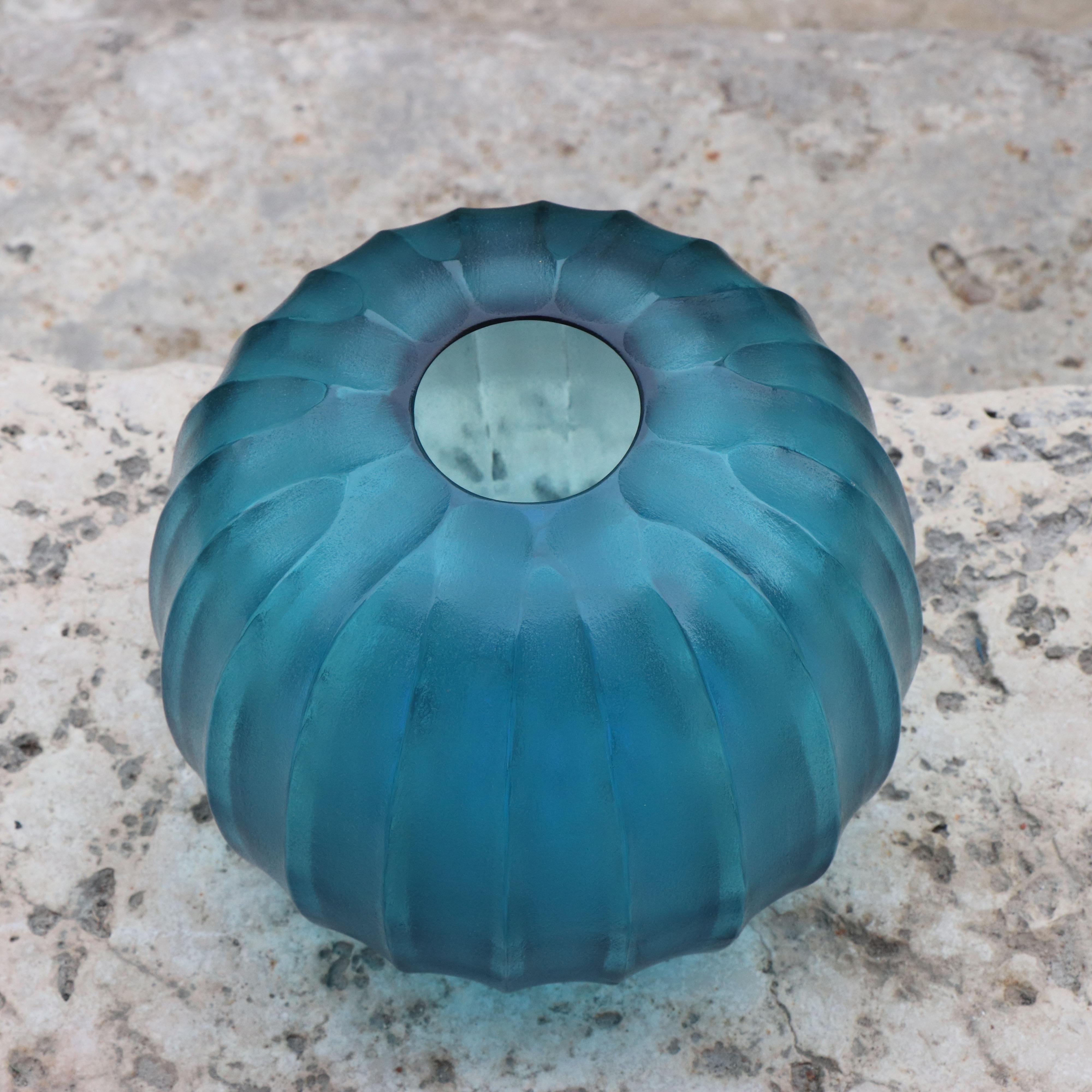 Italian 21st Century by Micheluzzi Glass Riccio Aquamarine Vase Handmade Murano Glass