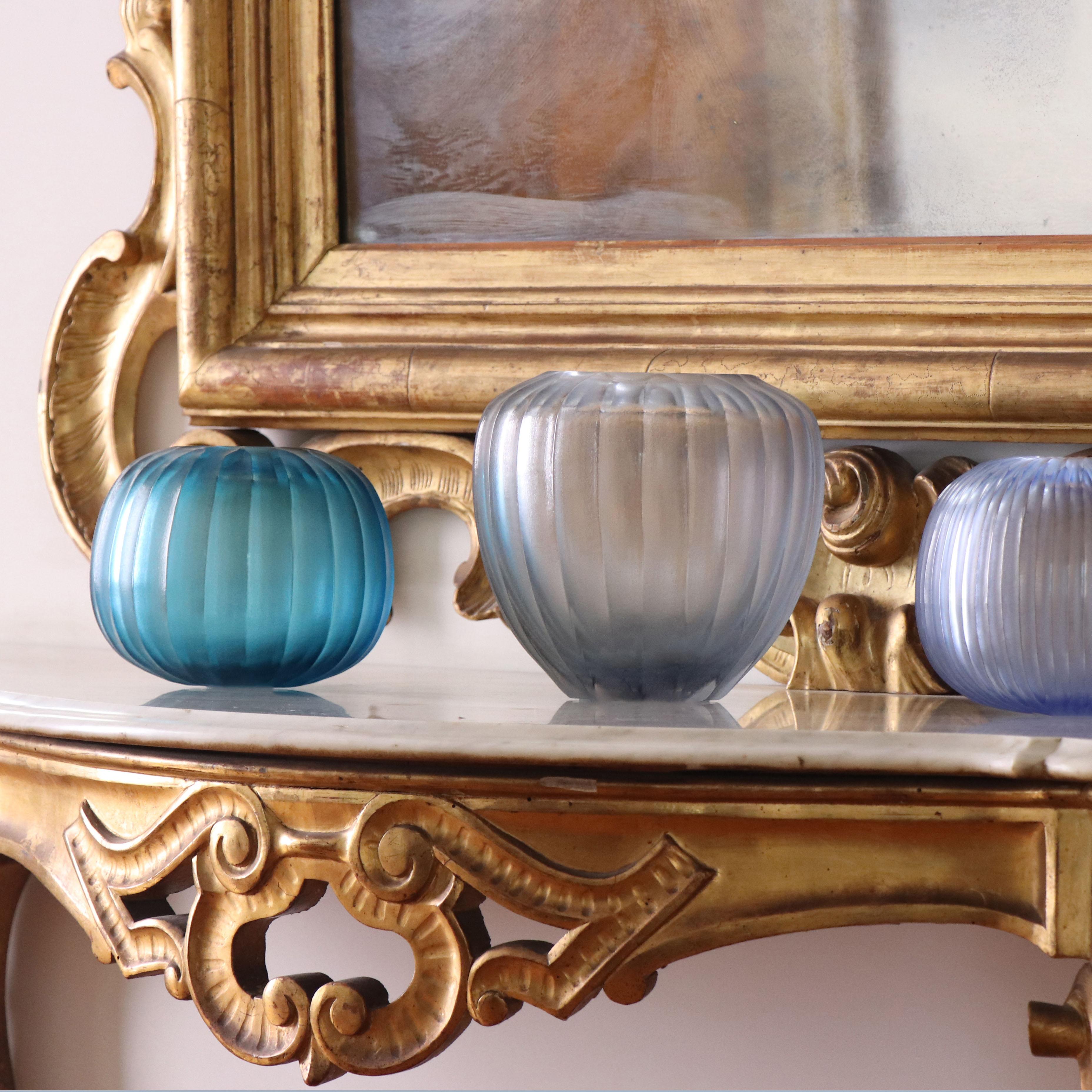 Contemporary 21st Century by Micheluzzi Glass Riccio Aquamarine Vase Handmade Murano Glass