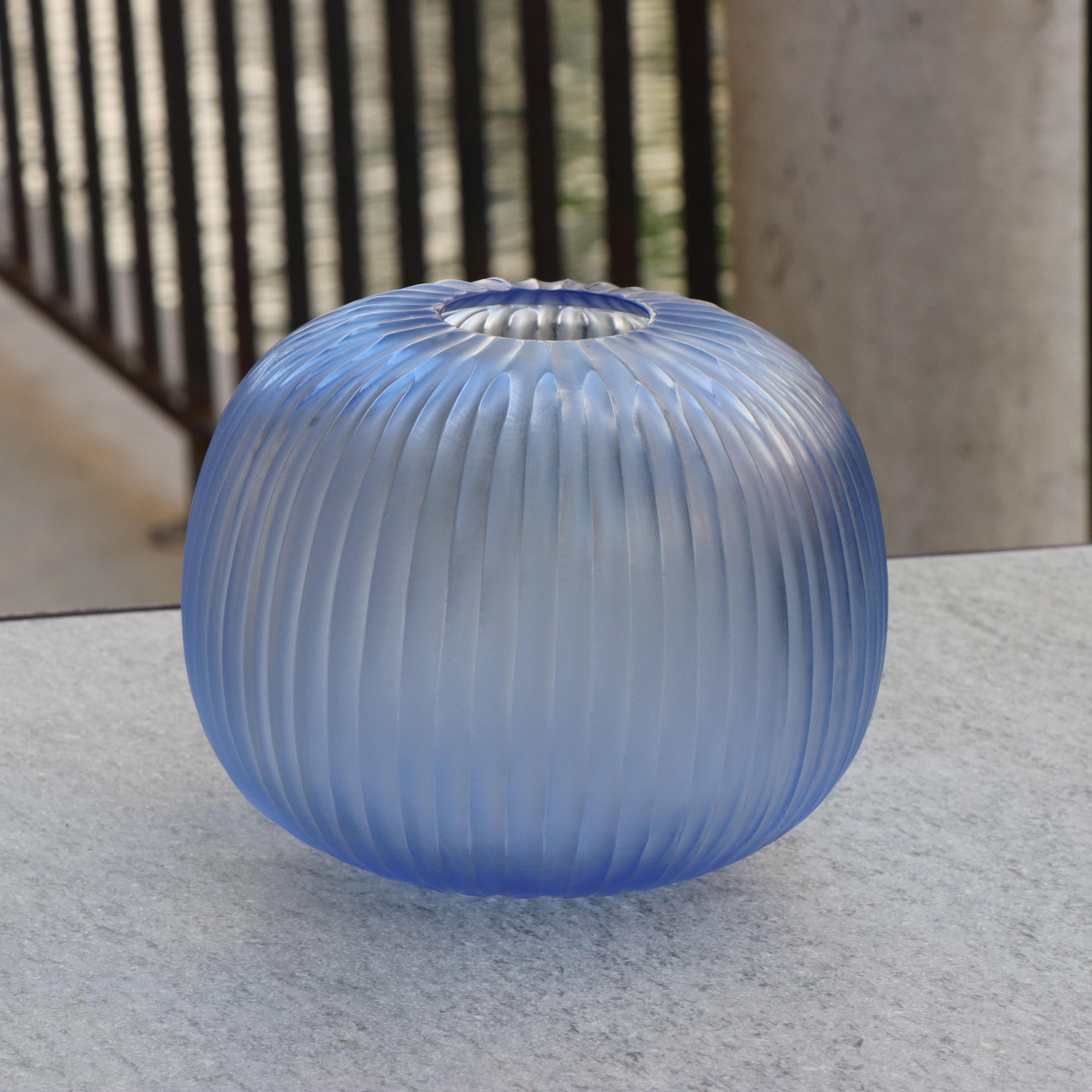 Hand-Carved 21st Century by Micheluzzi Glass Riccio Light Blue Vase Handmade Murano Glass