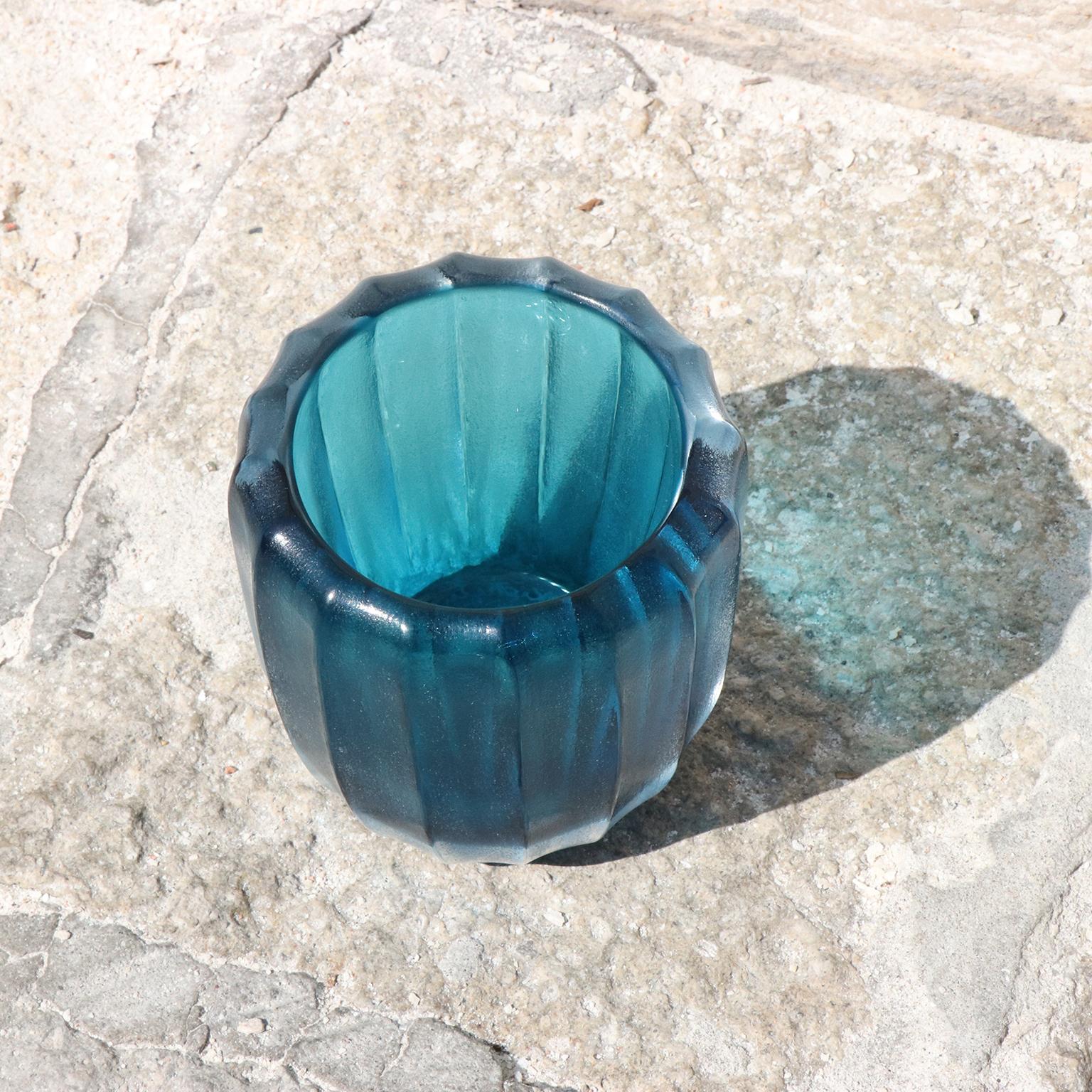 Modern 21st Century by Micheluzzi Glass Rullo Aquamarine Vase Handmade Murano Glass