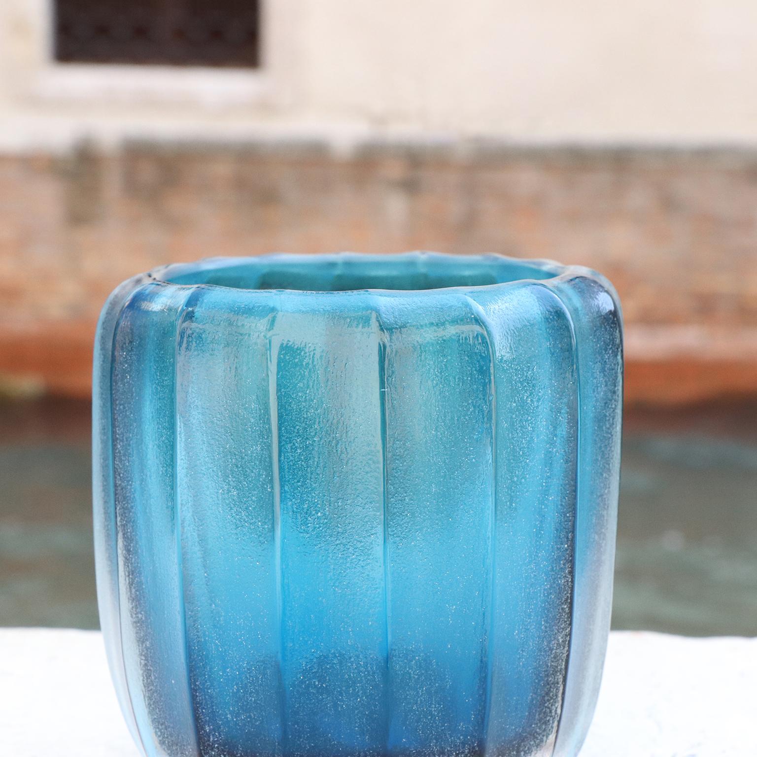 Italian 21st Century by Micheluzzi Glass Rullo Aquamarine Vase Handmade Murano Glass