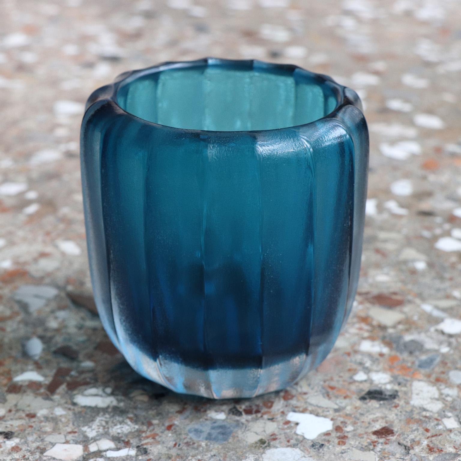 Hand-Carved 21st Century by Micheluzzi Glass Rullo Aquamarine Vase Handmade Murano Glass