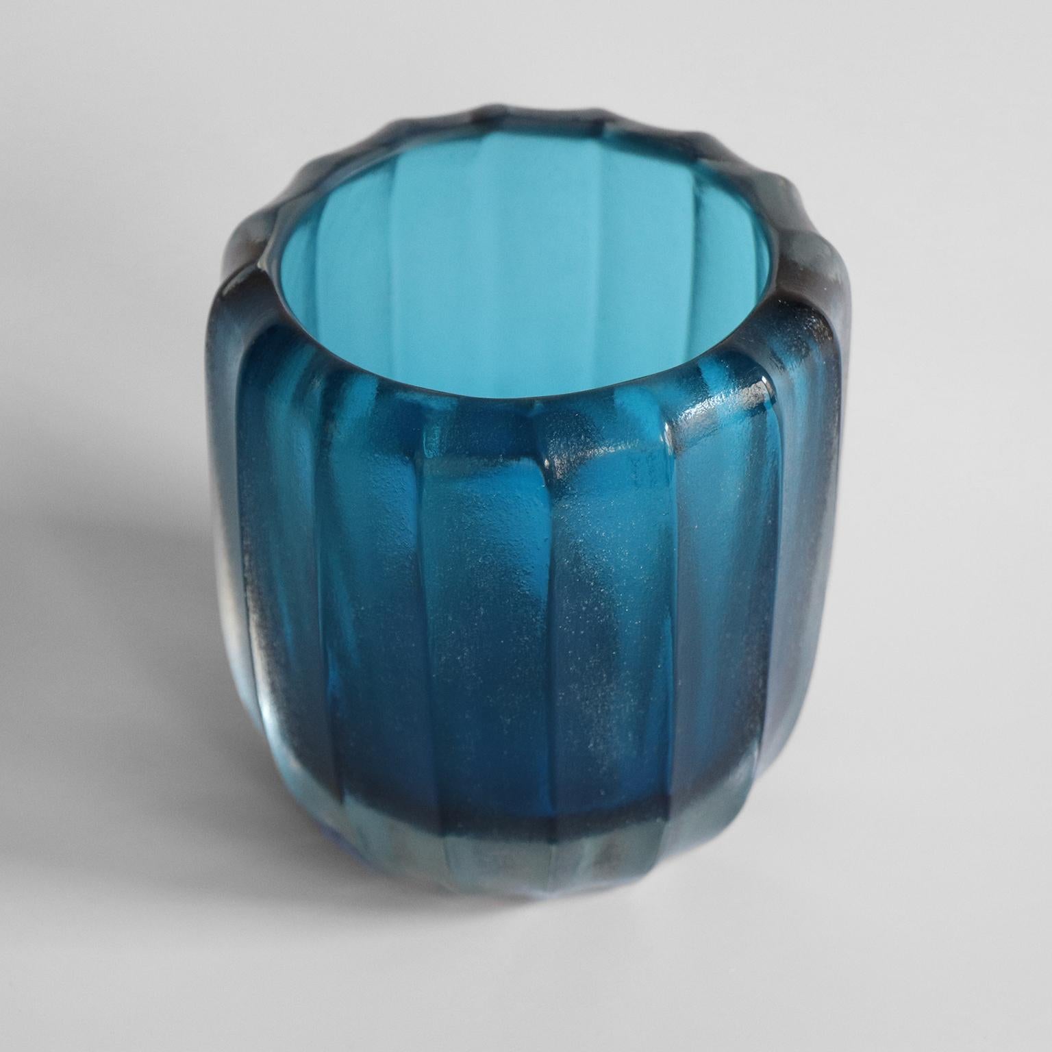 21st Century by Micheluzzi Glass Rullo Aquamarine Vase Handmade Murano Glass 1