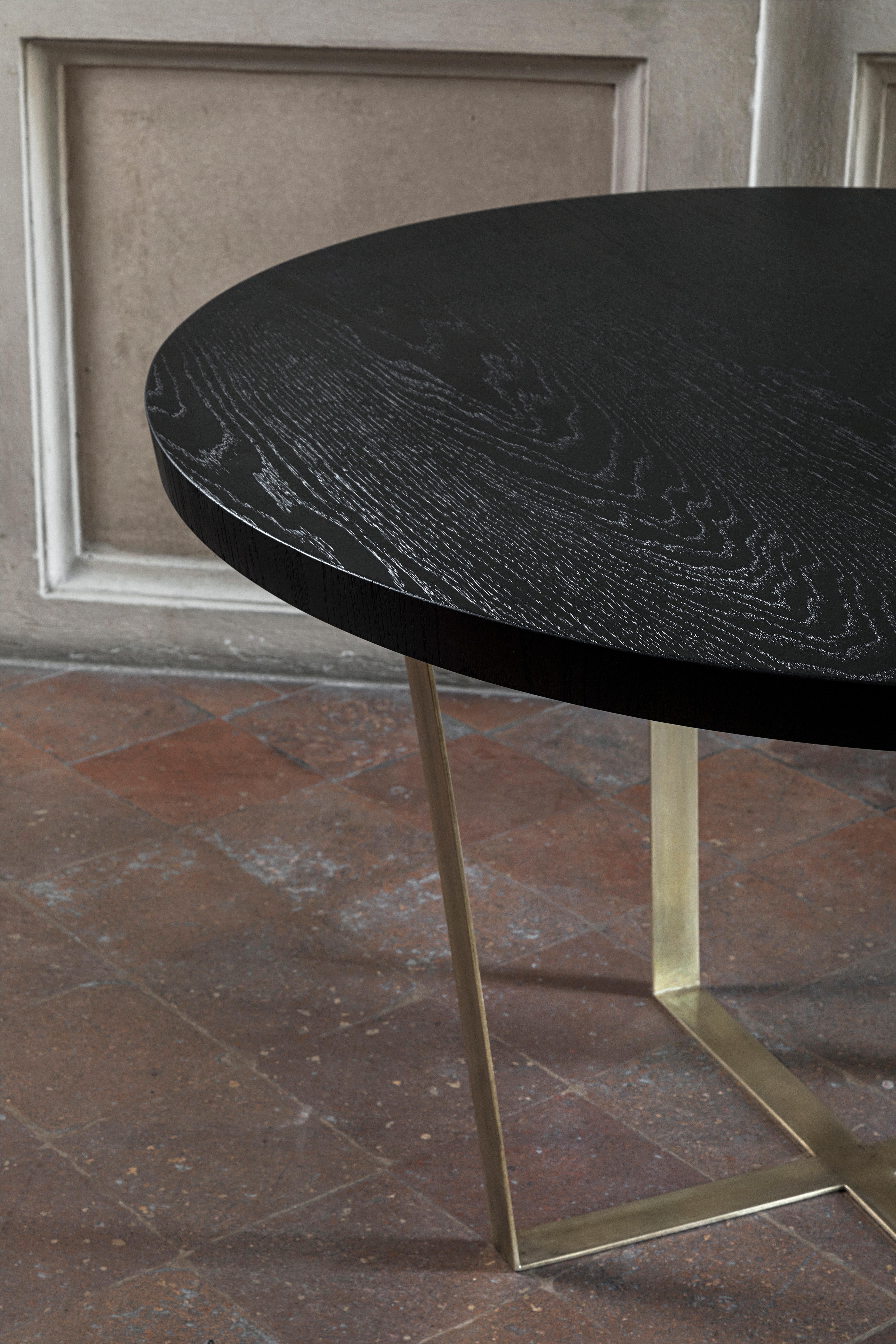 Modern 21st Century by Pelizzari Studio Black Oak Wood Table Etched Brass Legs For Sale