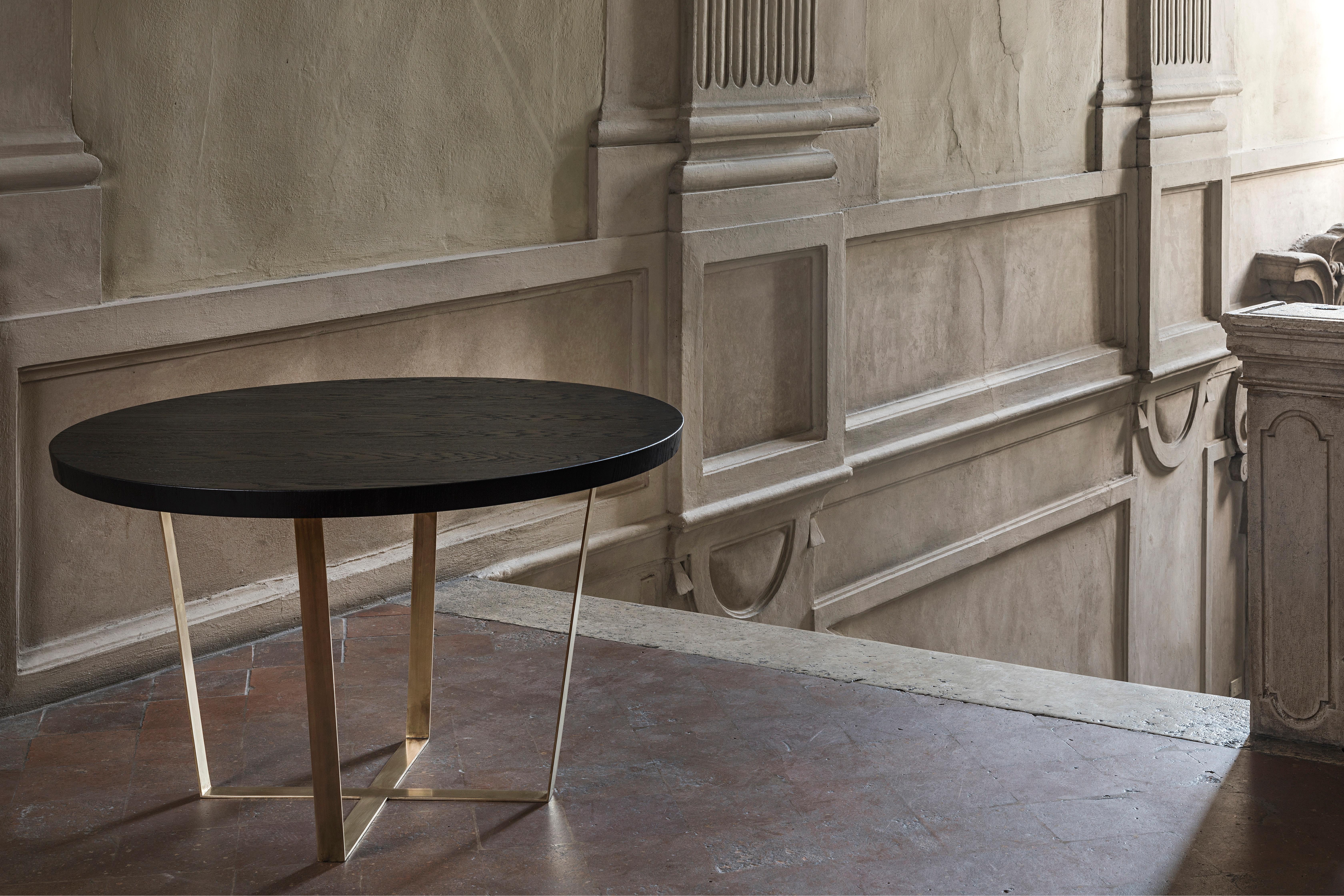 Italian 21st Century by Pelizzari Studio Black Oak Wood Table Etched Brass Legs For Sale