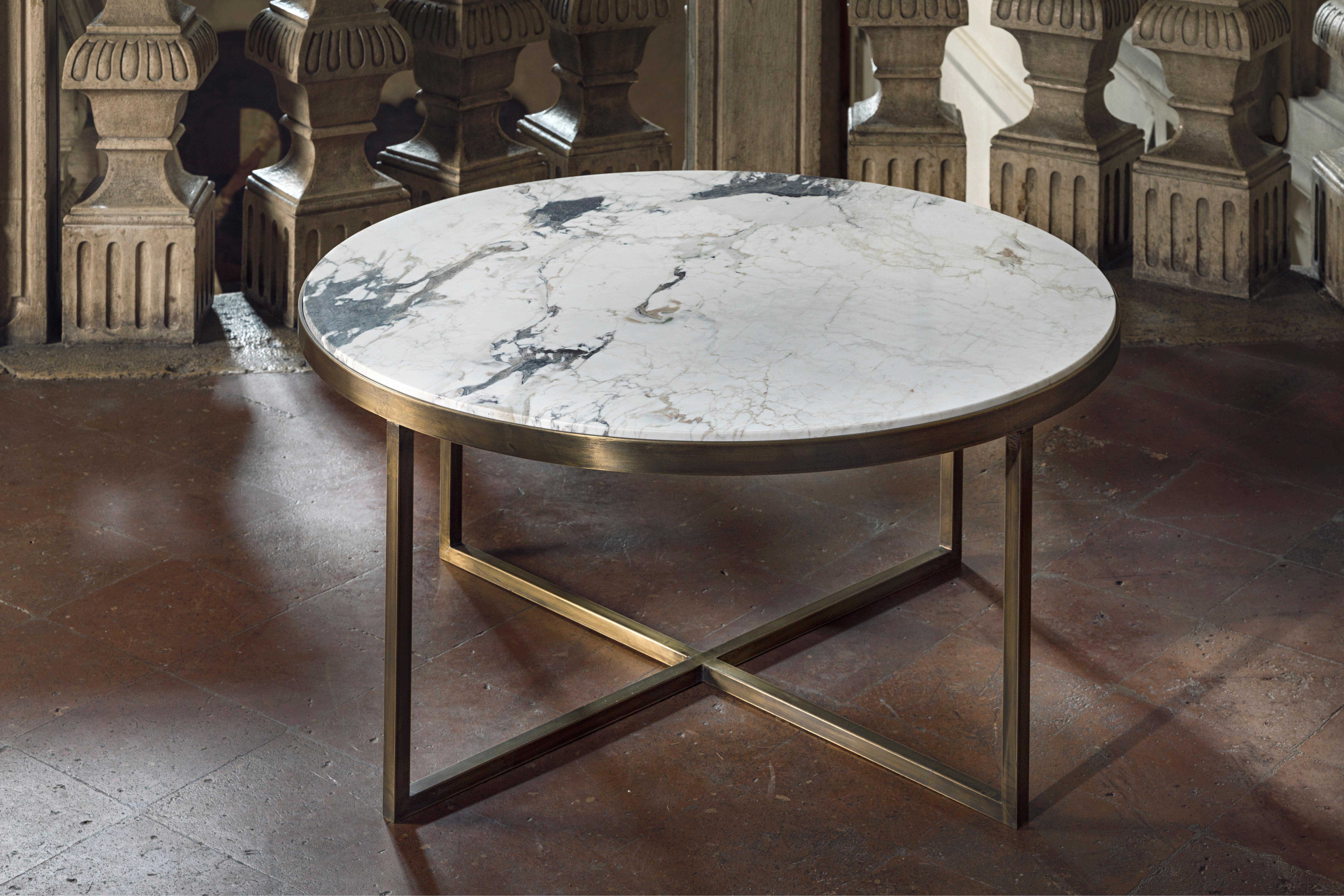 Glazed 21st Century by Pelizzari Studio Calacatta Coffee Table Natural Brass Legs For Sale
