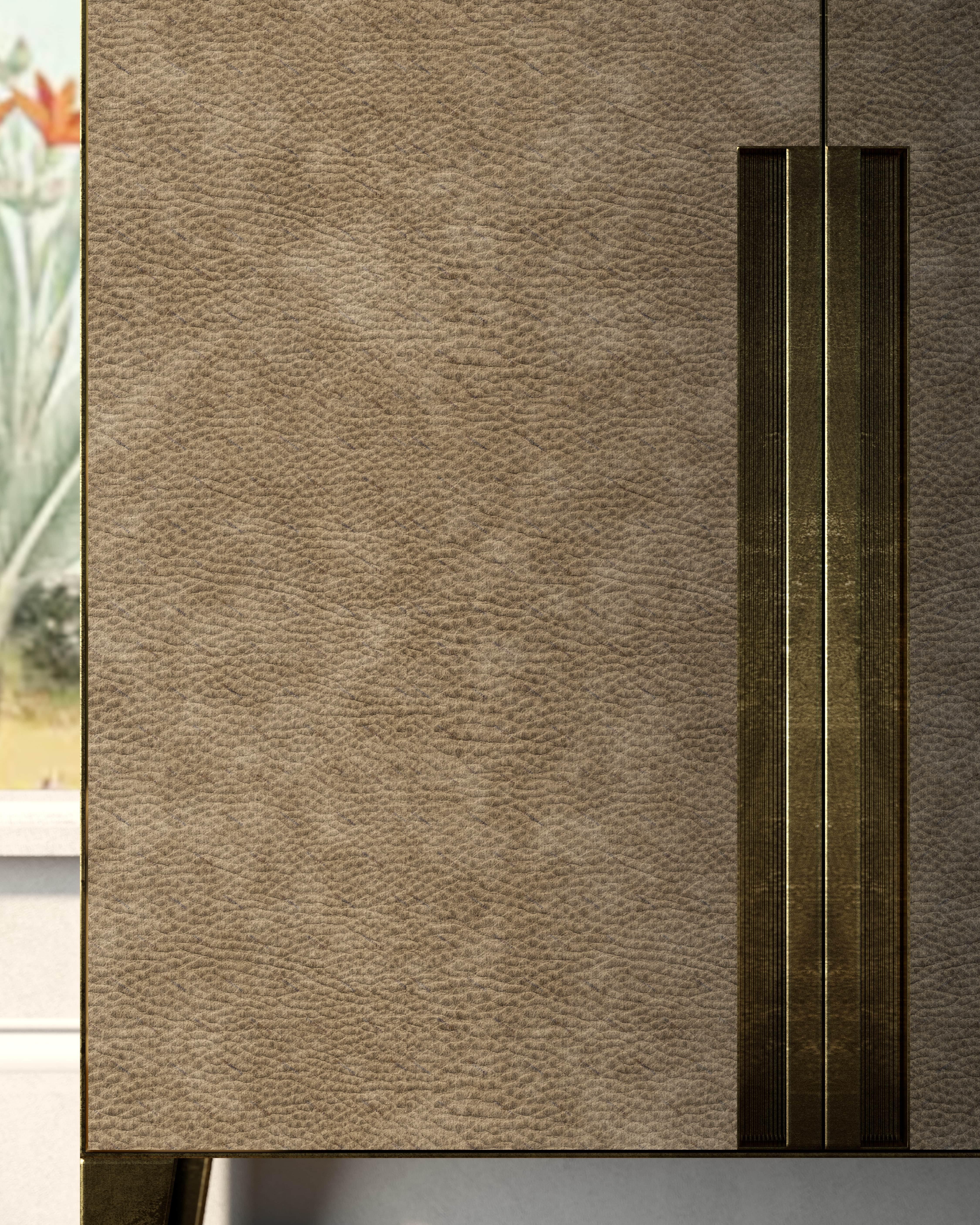 Italian 21st Century by Pelizzari Studio Etched Brass Sideboard Alcantara Doors For Sale