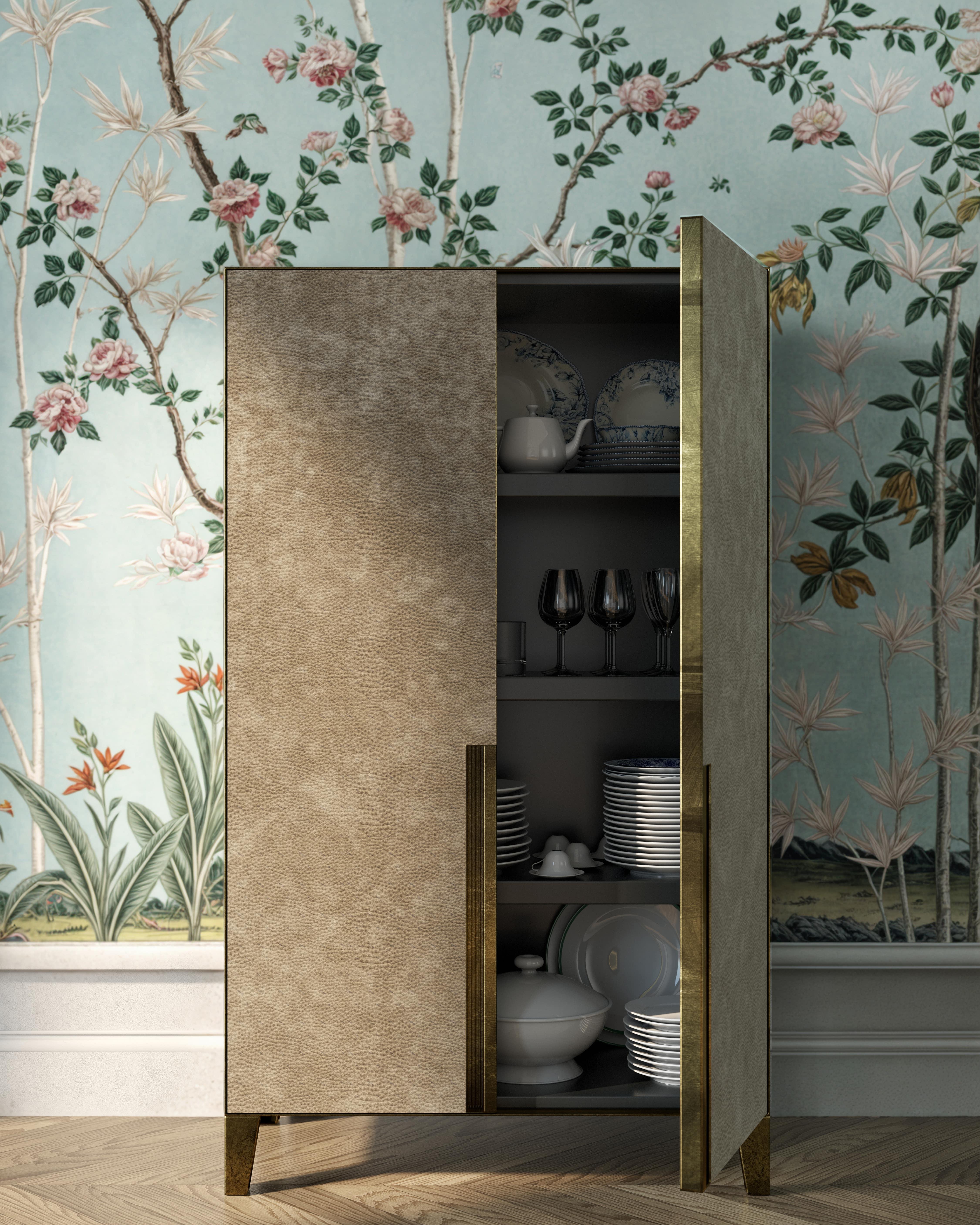 Contemporary 21st Century by Pelizzari Studio Etched Brass Sideboard Alcantara Doors For Sale