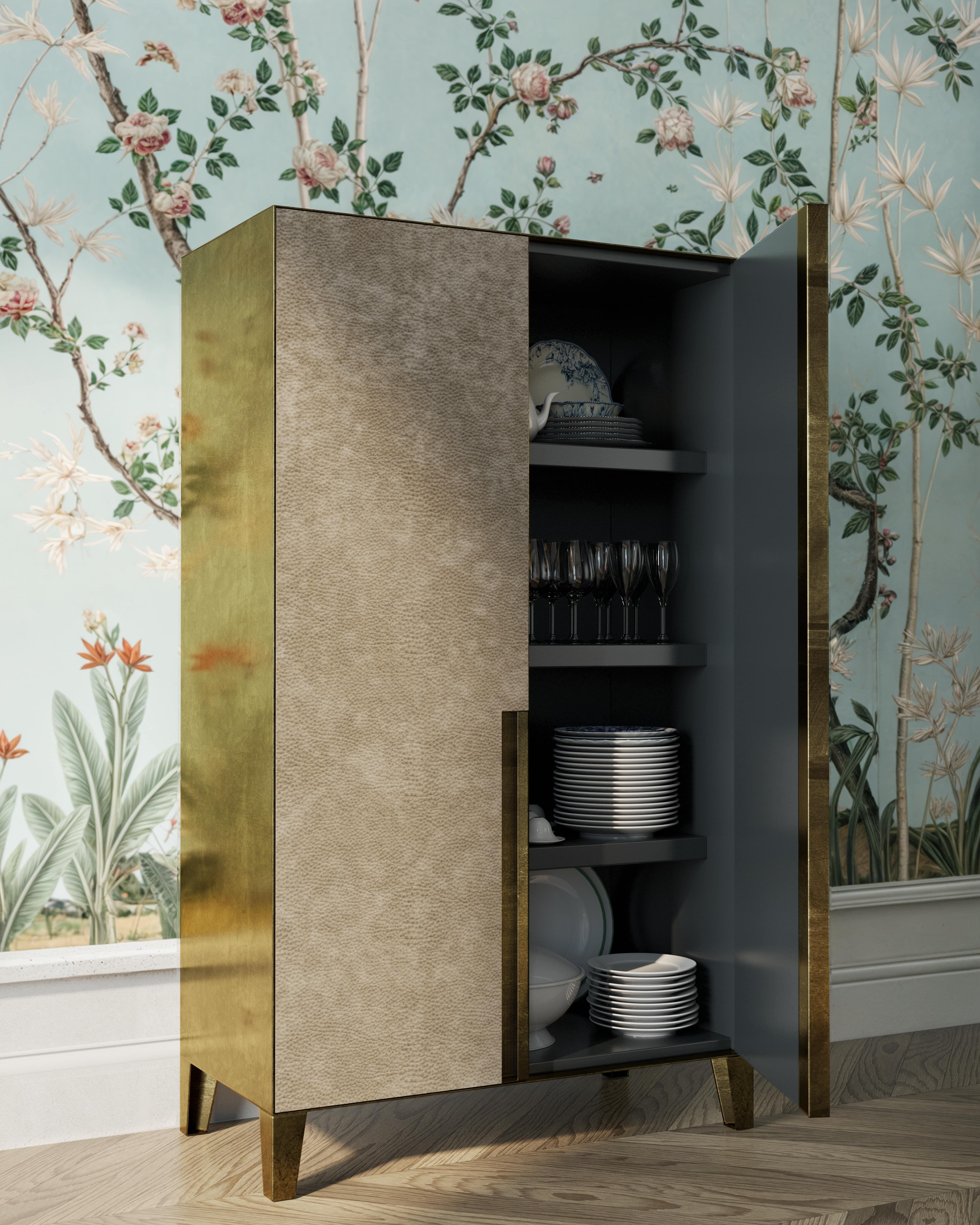 21st Century by Pelizzari Studio Etched Brass Sideboard Alcantara Doors For Sale 1