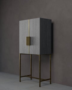 21st Century by Pelizzari Studio Grey Oak Bar Cabinet Etched Brass Legs