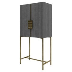 21st Century by Pelizzari Studio Grey Oak Bar Cabinet Etched Brass Legs