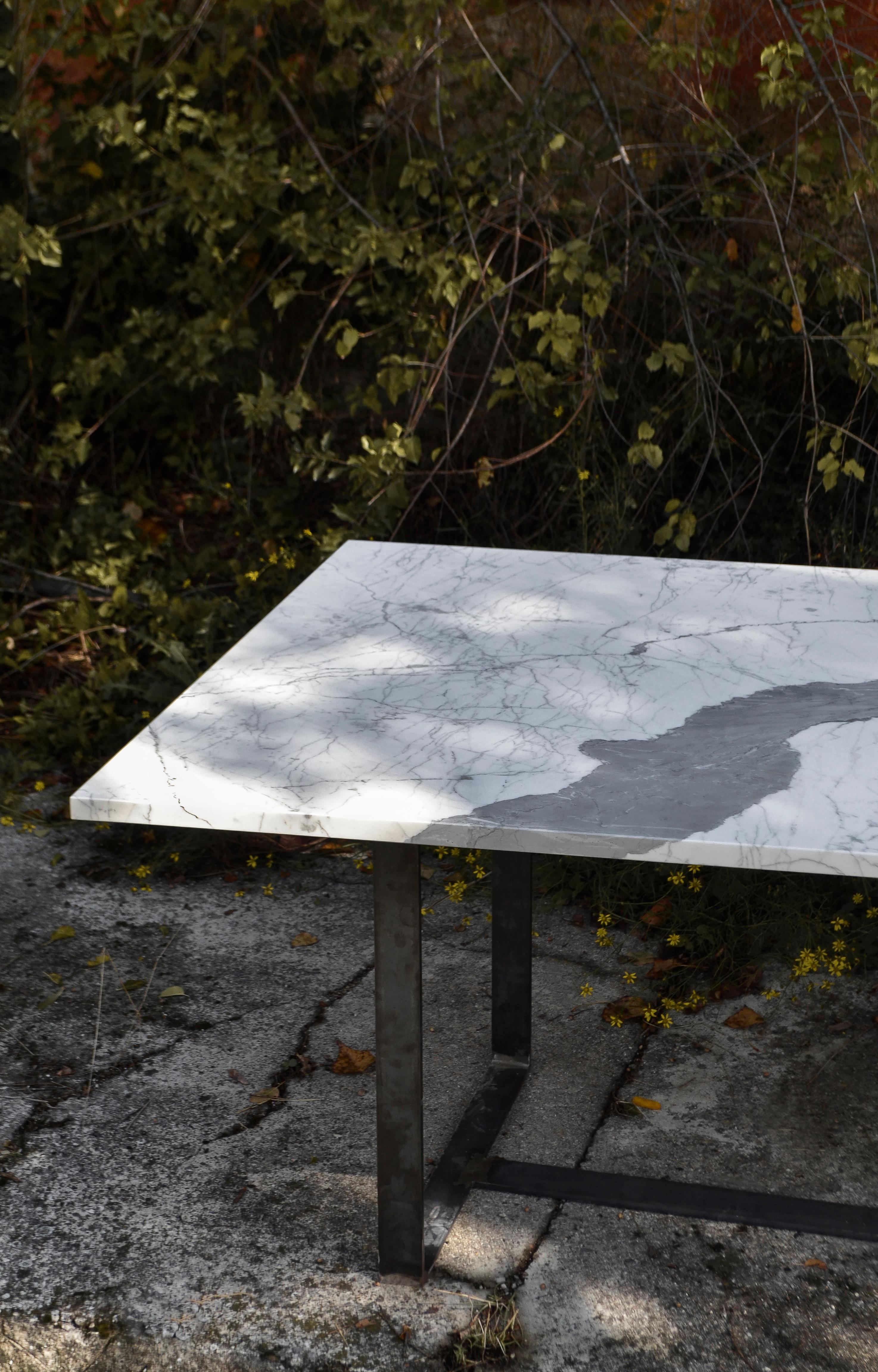 Blackened 21st Century by Pelizzari Studio Statuario Marble Table Black Iron Legs For Sale