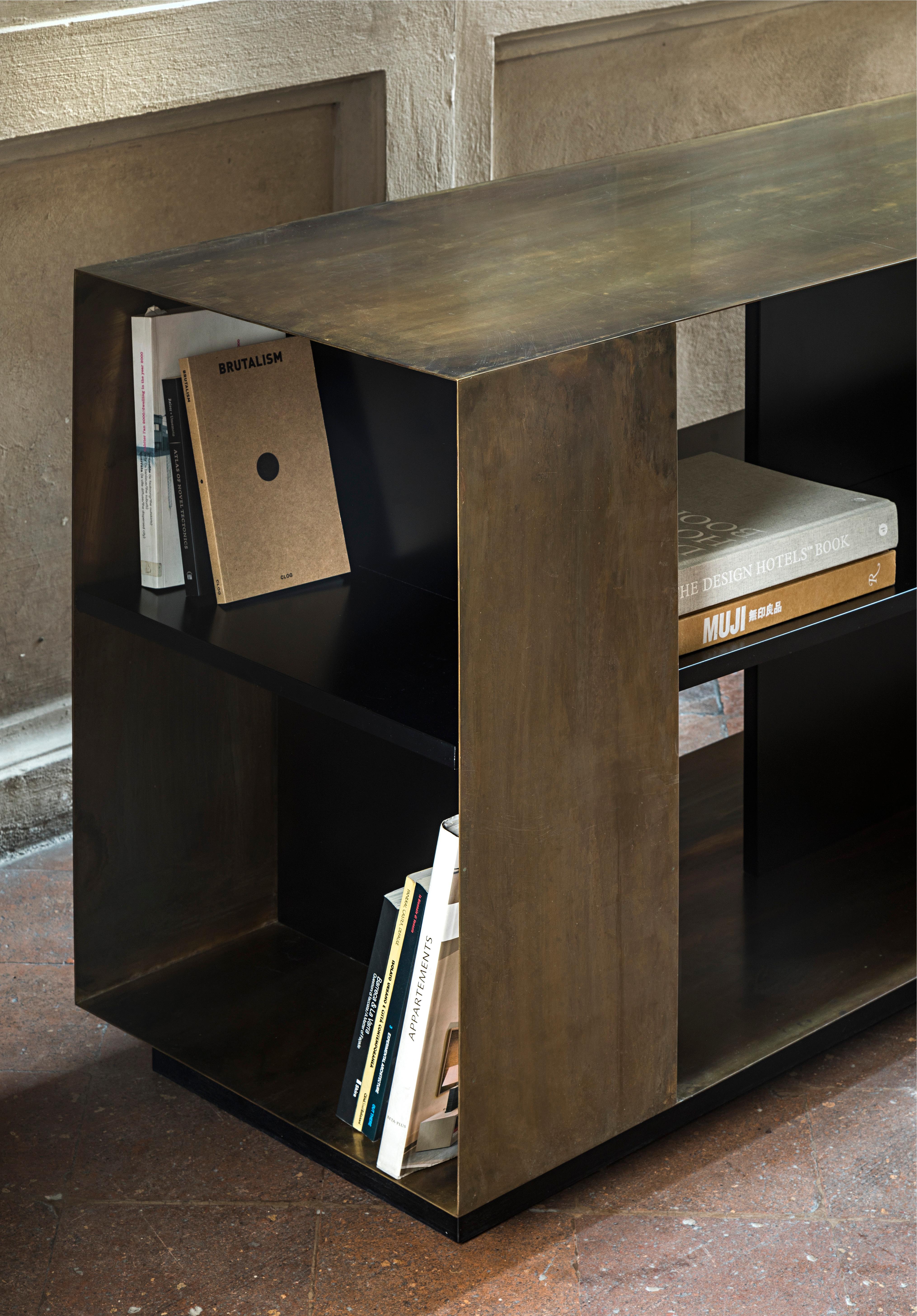 Modern 21st Century by Pelizzari Studio Wood Black Lacquered Bookcase Etched Brass Skin For Sale