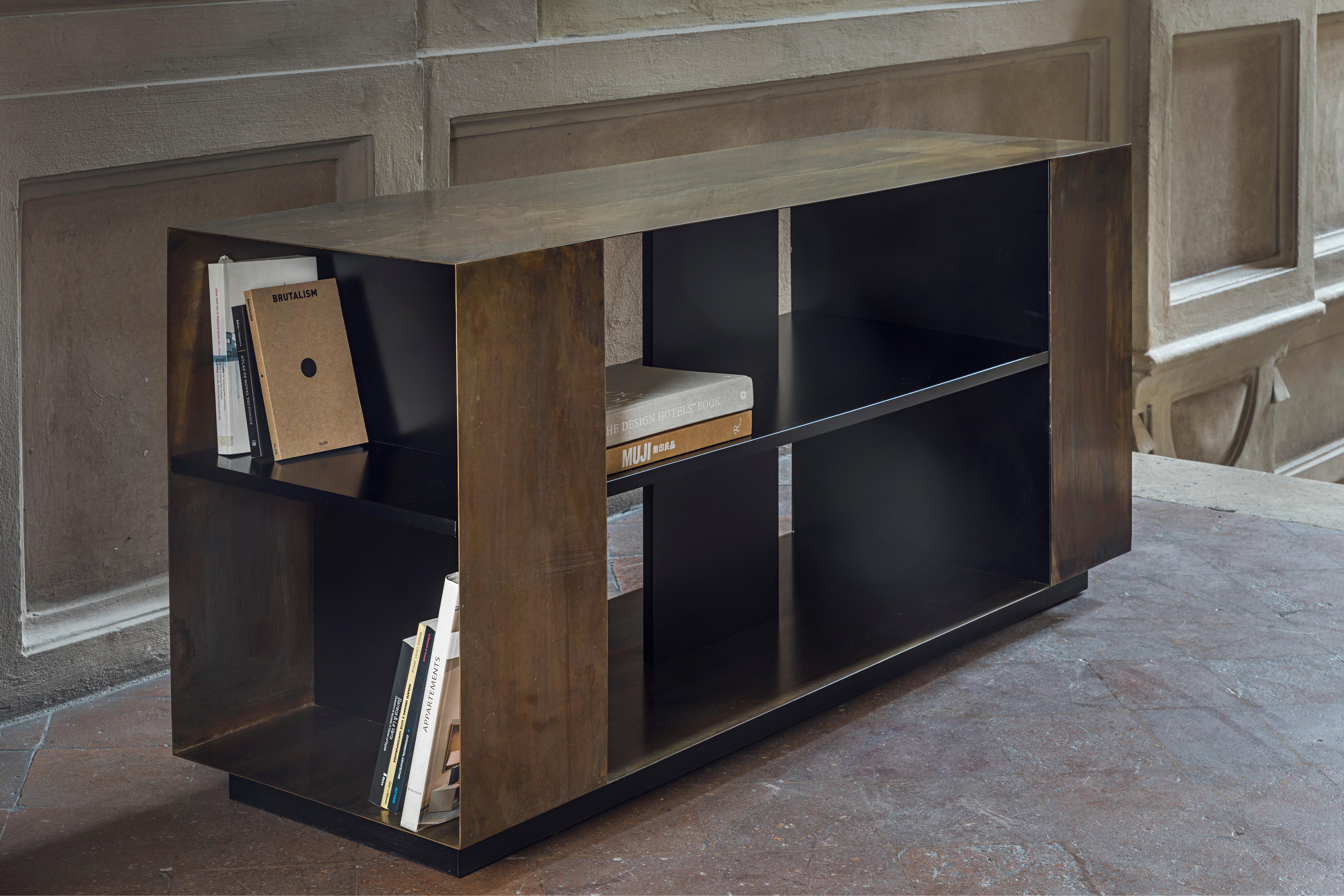 Contemporary 21st Century by Pelizzari Studio Wood Black Lacquered Bookcase Etched Brass Skin For Sale