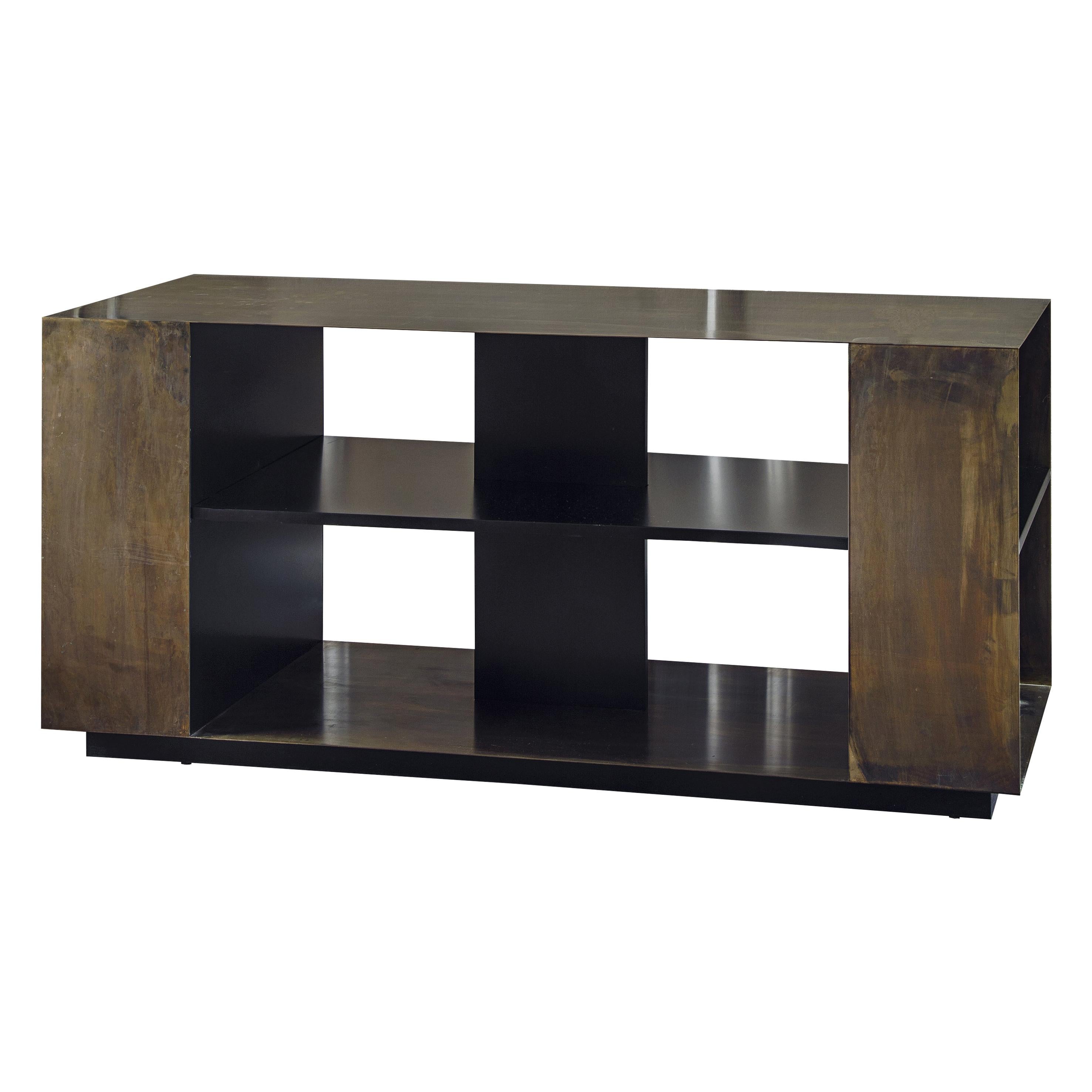 21st Century by Pelizzari Studio Wood Black Lacquered Bookcase Etched Brass Skin For Sale