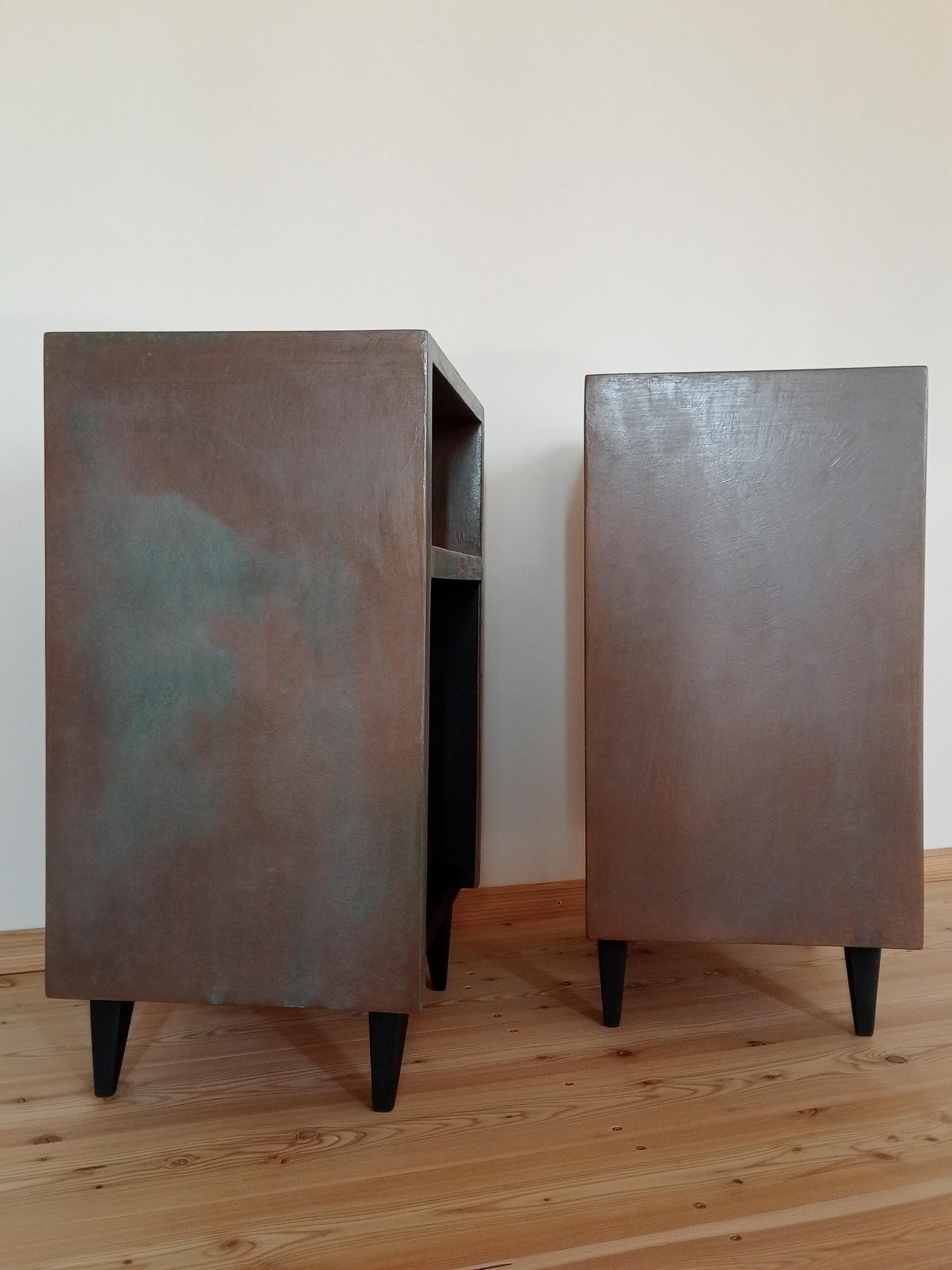 Two Night Tables Italian Design Handcrafted Contemporary Wood and Oxidized Resin For Sale 7