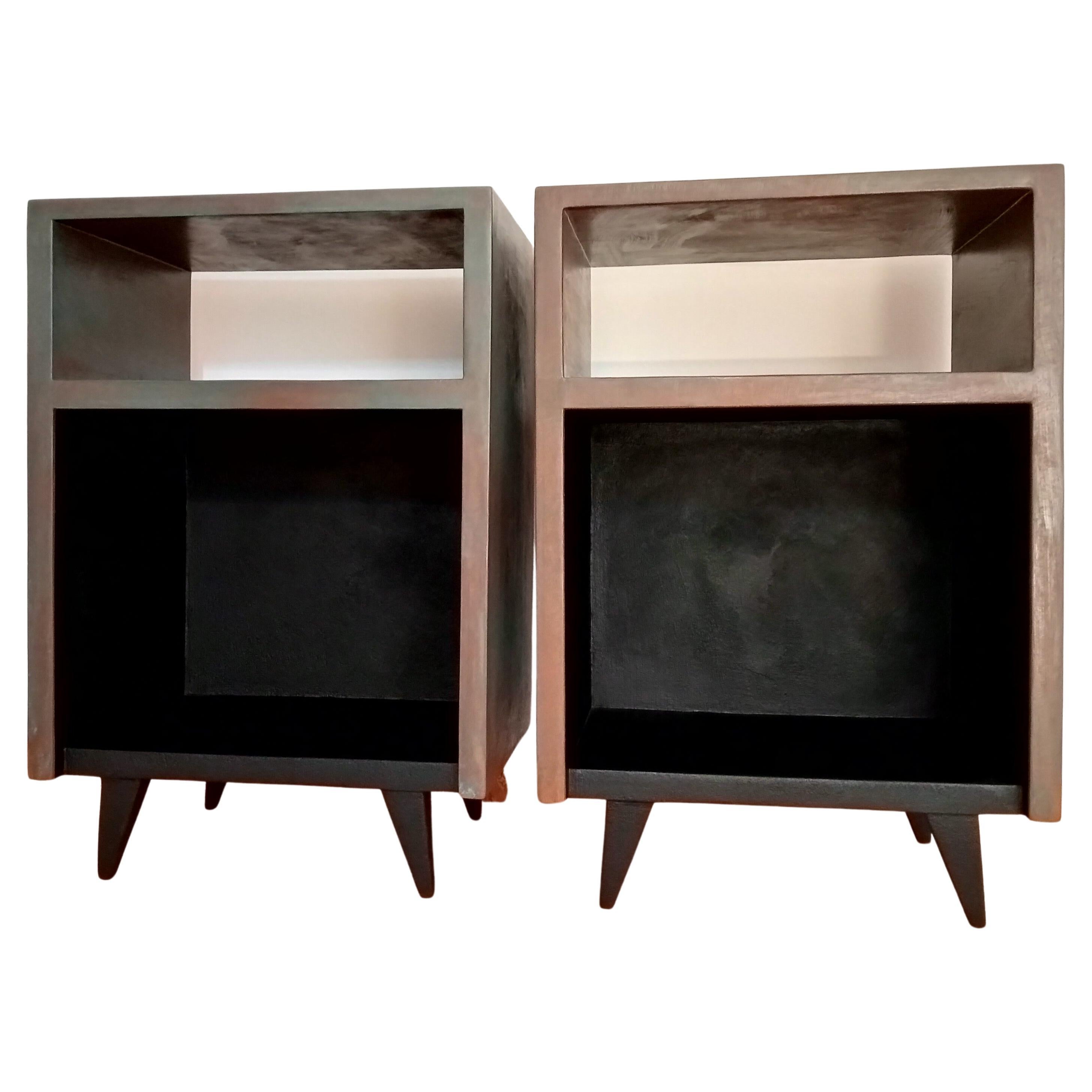 Two Night Tables Italian Design Handcrafted Contemporary Wood and Oxidized Resin For Sale