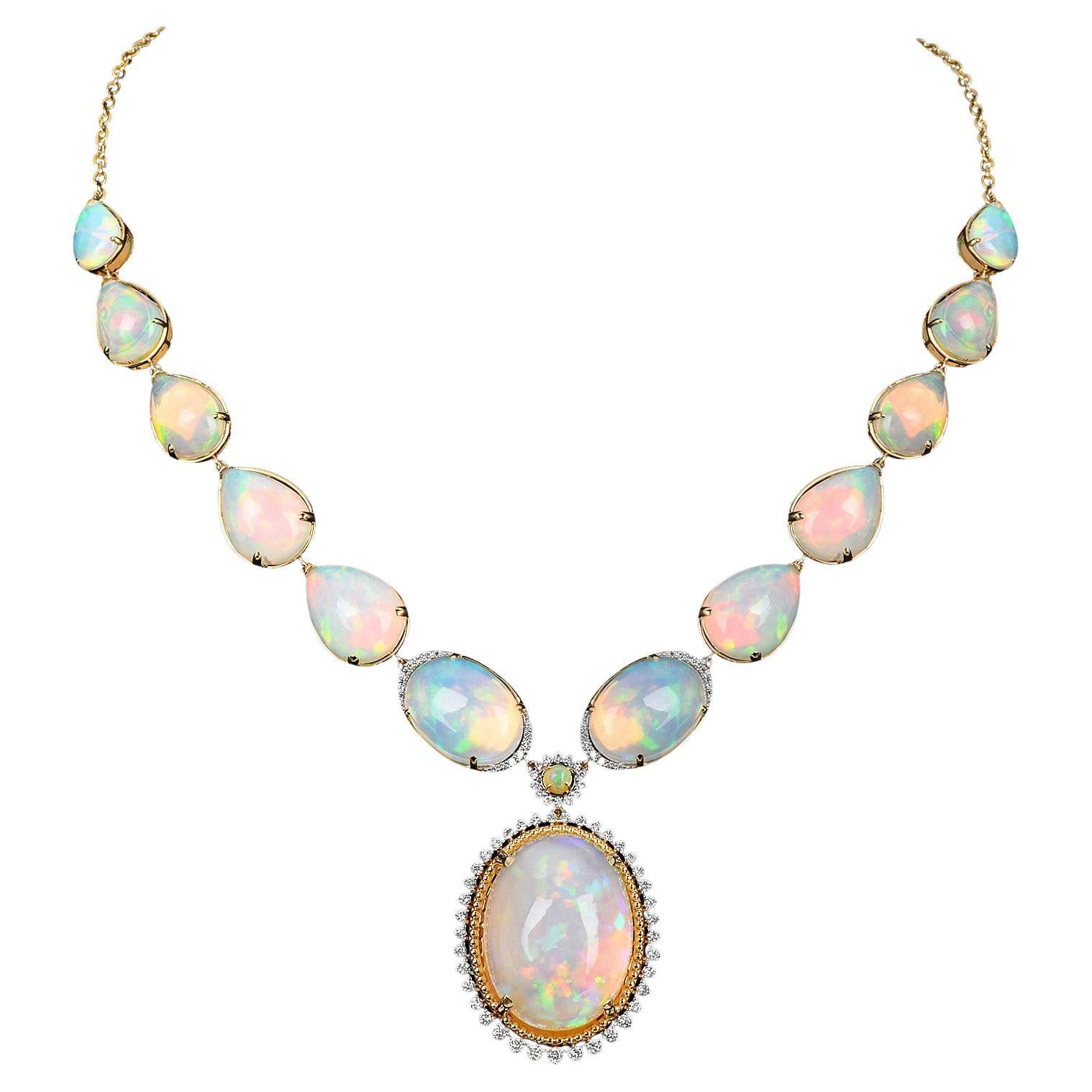 21st Century Cabochon Opal Diamond  Drop Gold Necklace