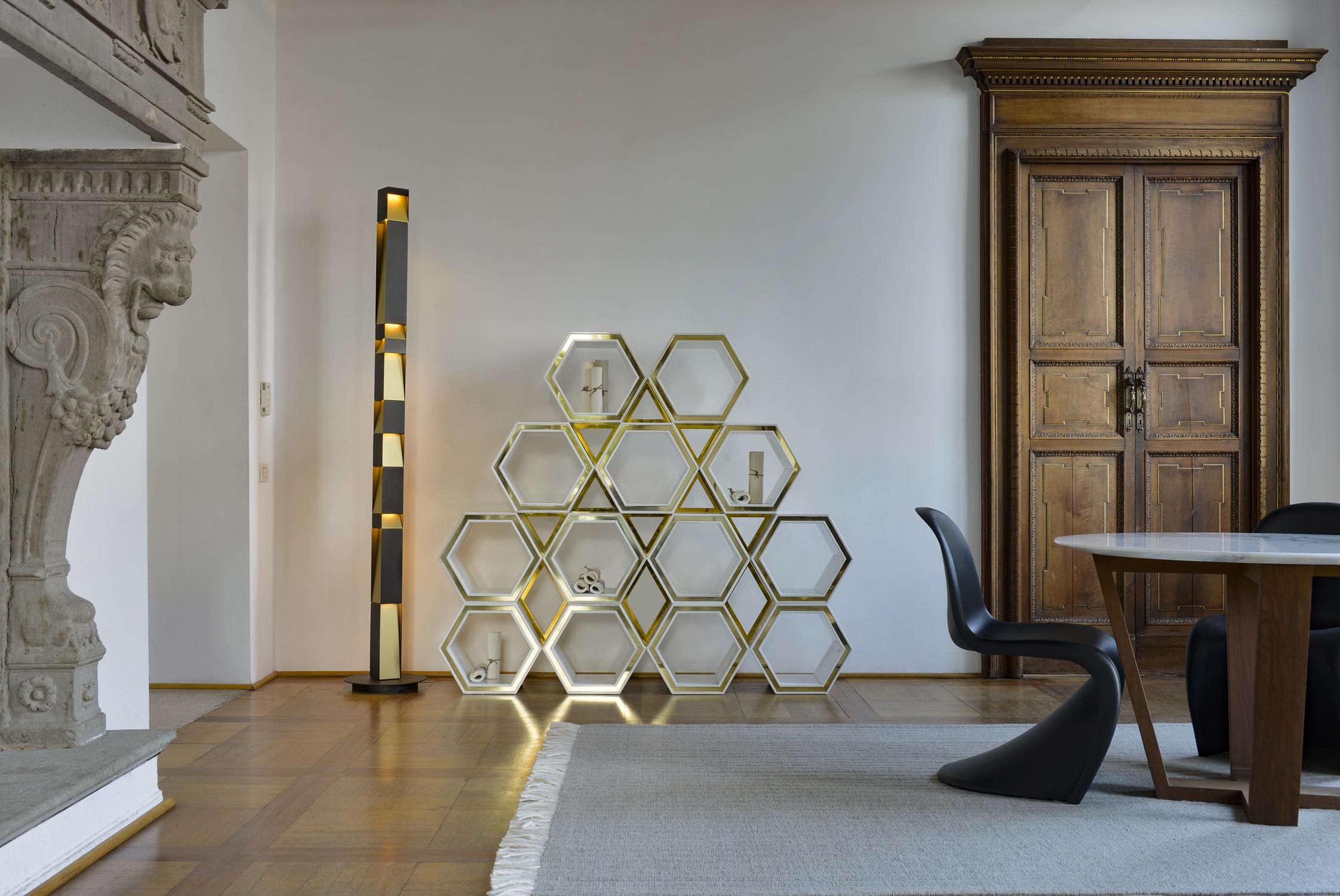Italian 21st Century Calacatta Carrara Marble Metal Freestanding Hexagon Bookcase For Sale