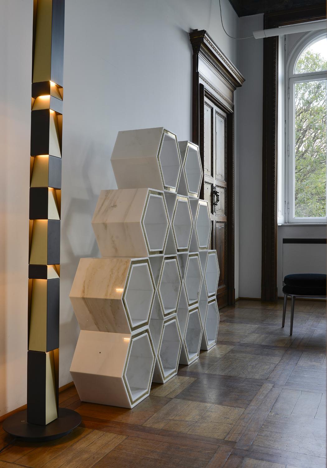 Contemporary 21st Century Calacatta Carrara Marble Metal Freestanding Hexagon Bookcase For Sale