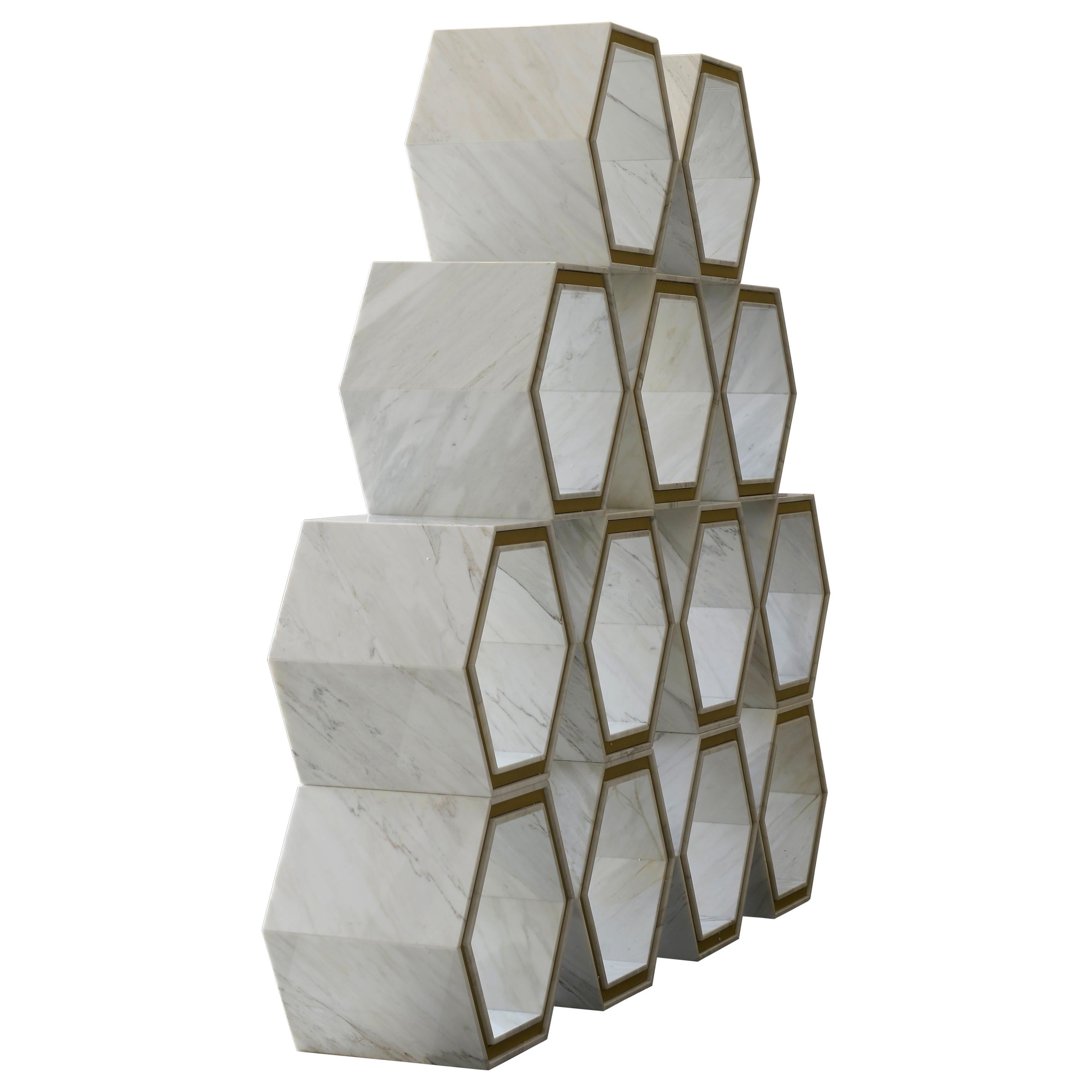 21st Century Calacatta Carrara Marble Metal Freestanding Hexagon Bookcase For Sale