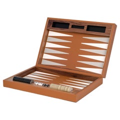 21st Century Camel Leather and Walnut Wood Backgammon Set Handcrafted in Italy