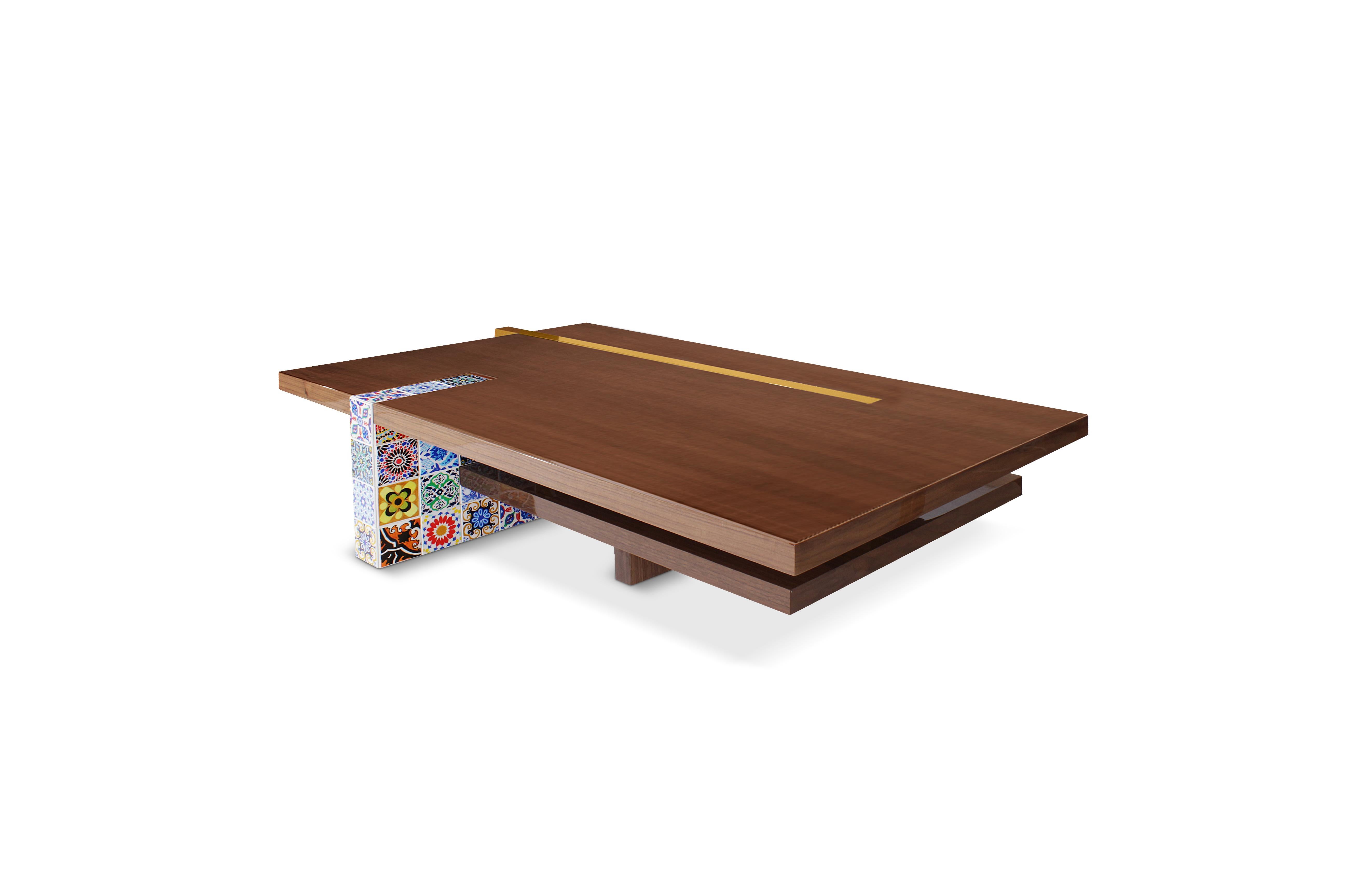 Portuguese 21st Century Camelia Center Table Walnut Wood Layers Hand Painted Tiles For Sale