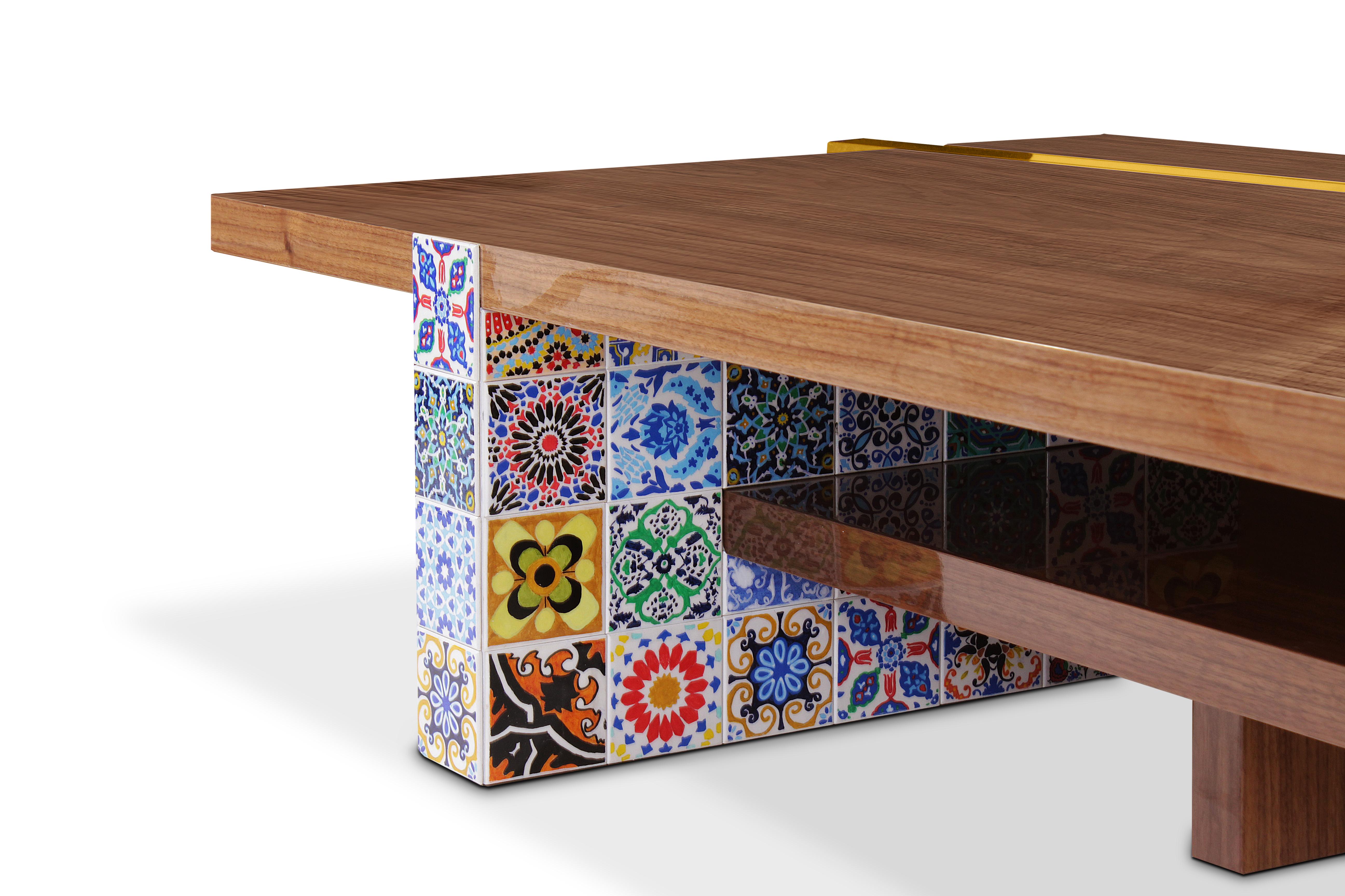 Hand-Painted 21st Century Camelia Center Table Walnut Wood Layers Hand Painted Tiles For Sale