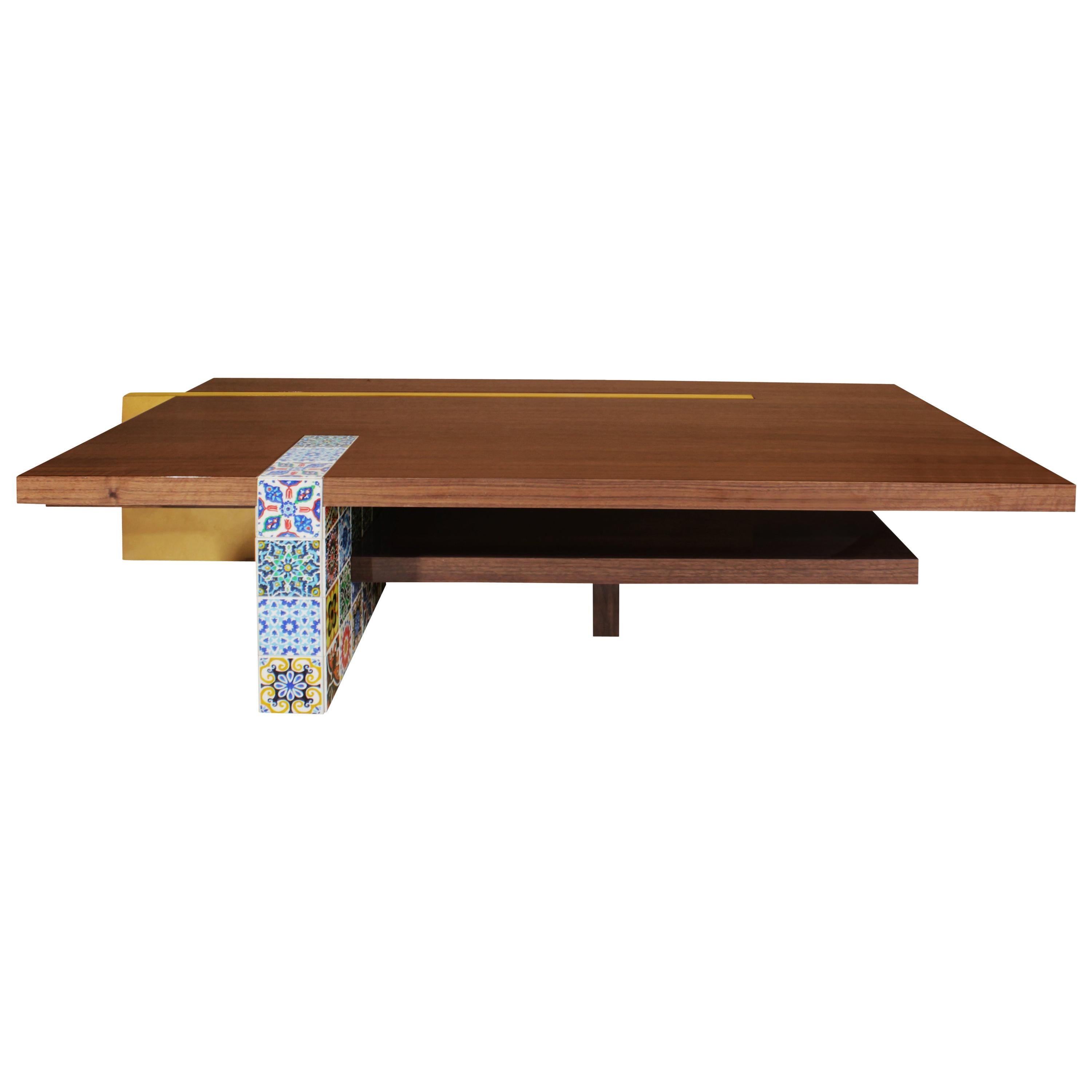 21st Century Camelia Center Table Walnut Wood Layers Hand Painted Tiles For Sale