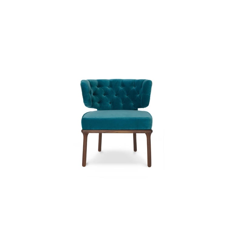 Modern 21st Century Capi Dining Chair in Bluish Velvet Upholstery and Walnut Wood For Sale