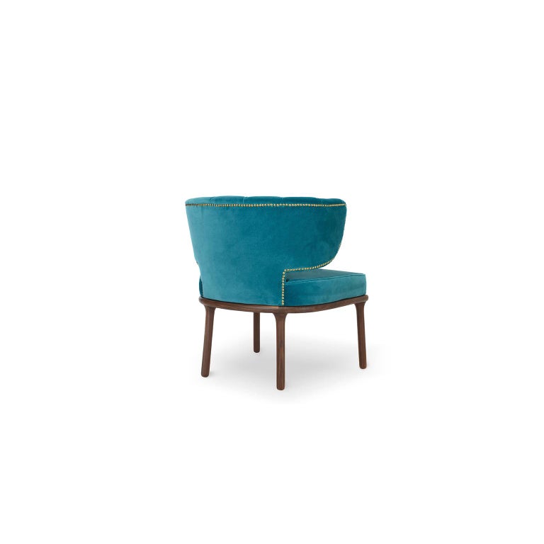 Portuguese 21st Century Capi Dining Chair in Bluish Velvet Upholstery and Walnut Wood For Sale