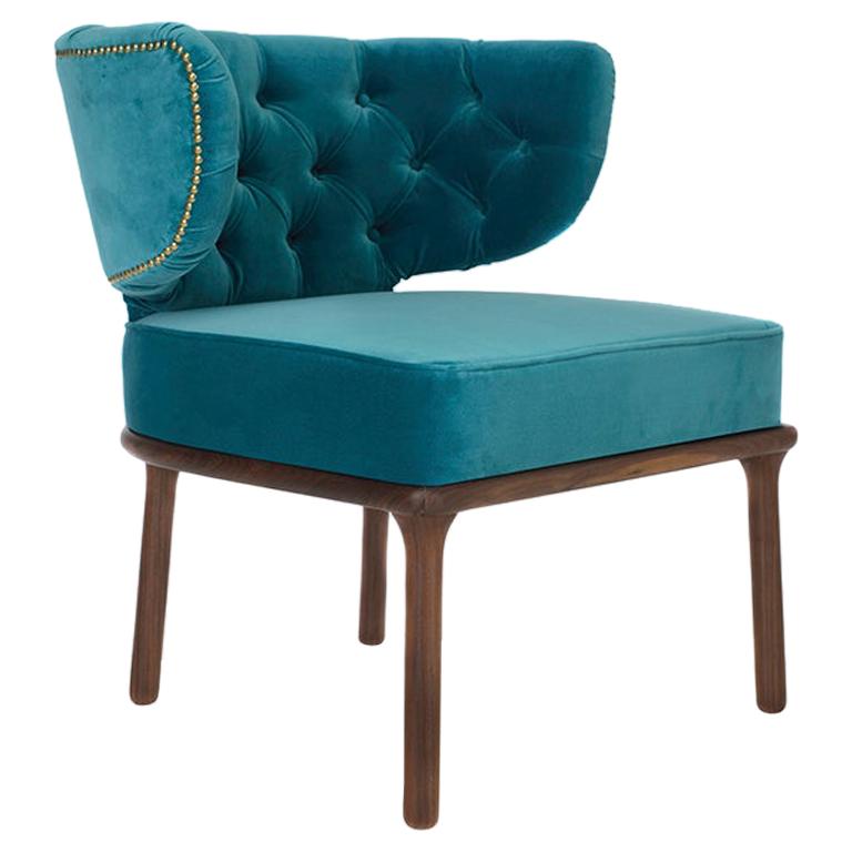 21st Century Capi Dining Chair in Bluish Velvet Upholstery and Walnut Wood For Sale