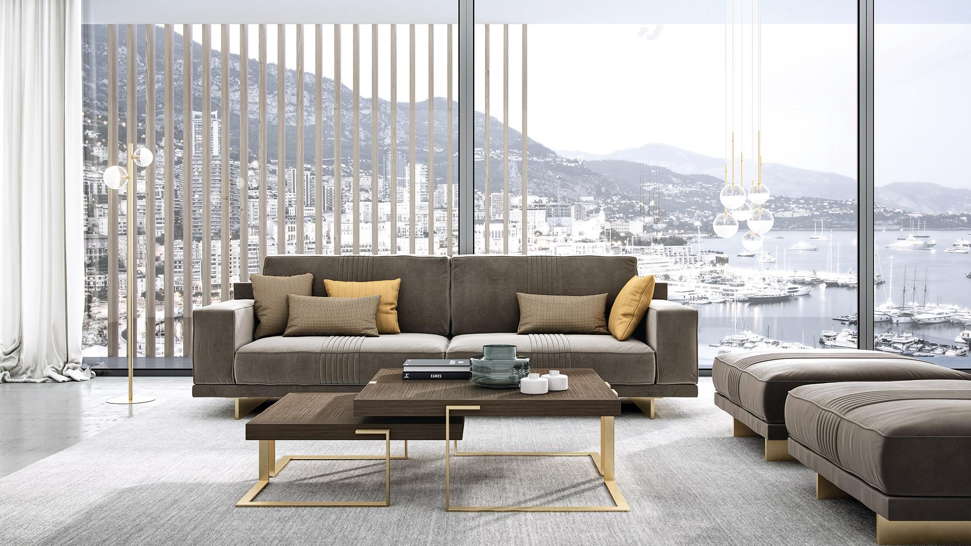 Armchair characterized by a soft backrest perfectly shaped that enhances the comfort.
The metal base is in gold finishing and improves the modern look of the sofa.
On the back and on the seating complete the design thanks to pipeline stitchings to