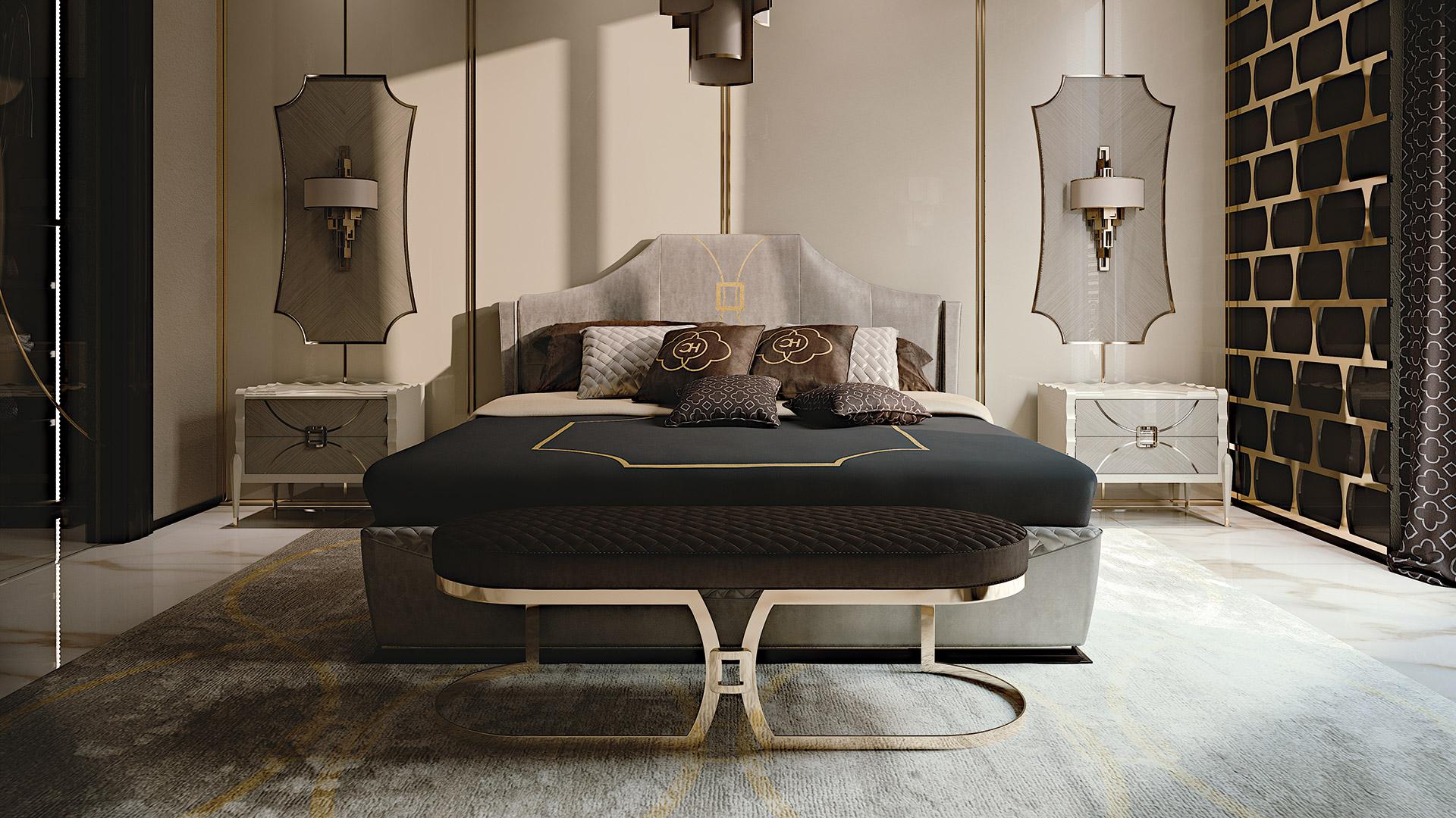 Padded bed. Mattress measures 180 x 200cm. Characterized by beautiful upholstered headboard with two arches and a square embroidered to create the typical decor of GLAMOUR Collection.
The sommier is upholstered with a wooden golden finished base