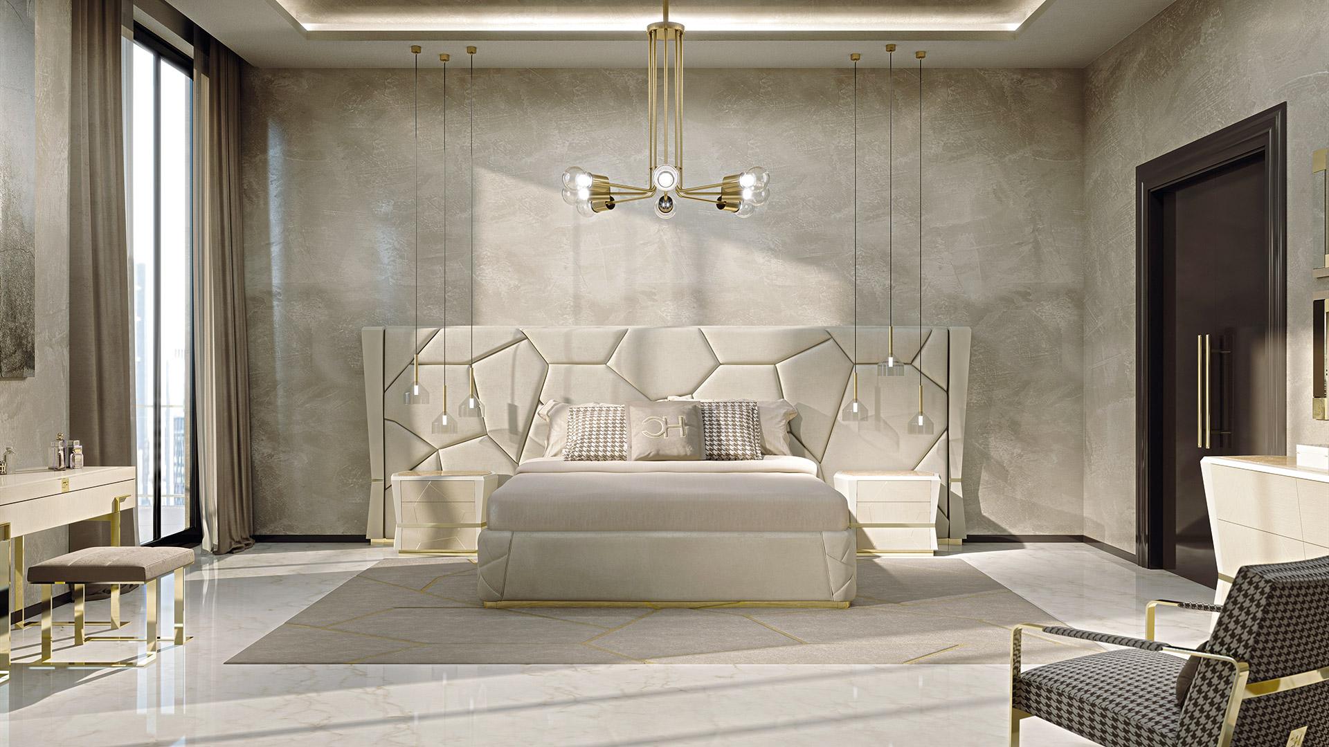 Gepolstertes Bett. Die Matratze misst 180 x 200 cm. Gekennzeichnet durch schöne rautenförmige Holzsäulen an den Seiten mit einem zentralen goldenen galvanischen Metallstreifen. Das Kopfteil wird durch erstaunliche unregelmäßige Nähte