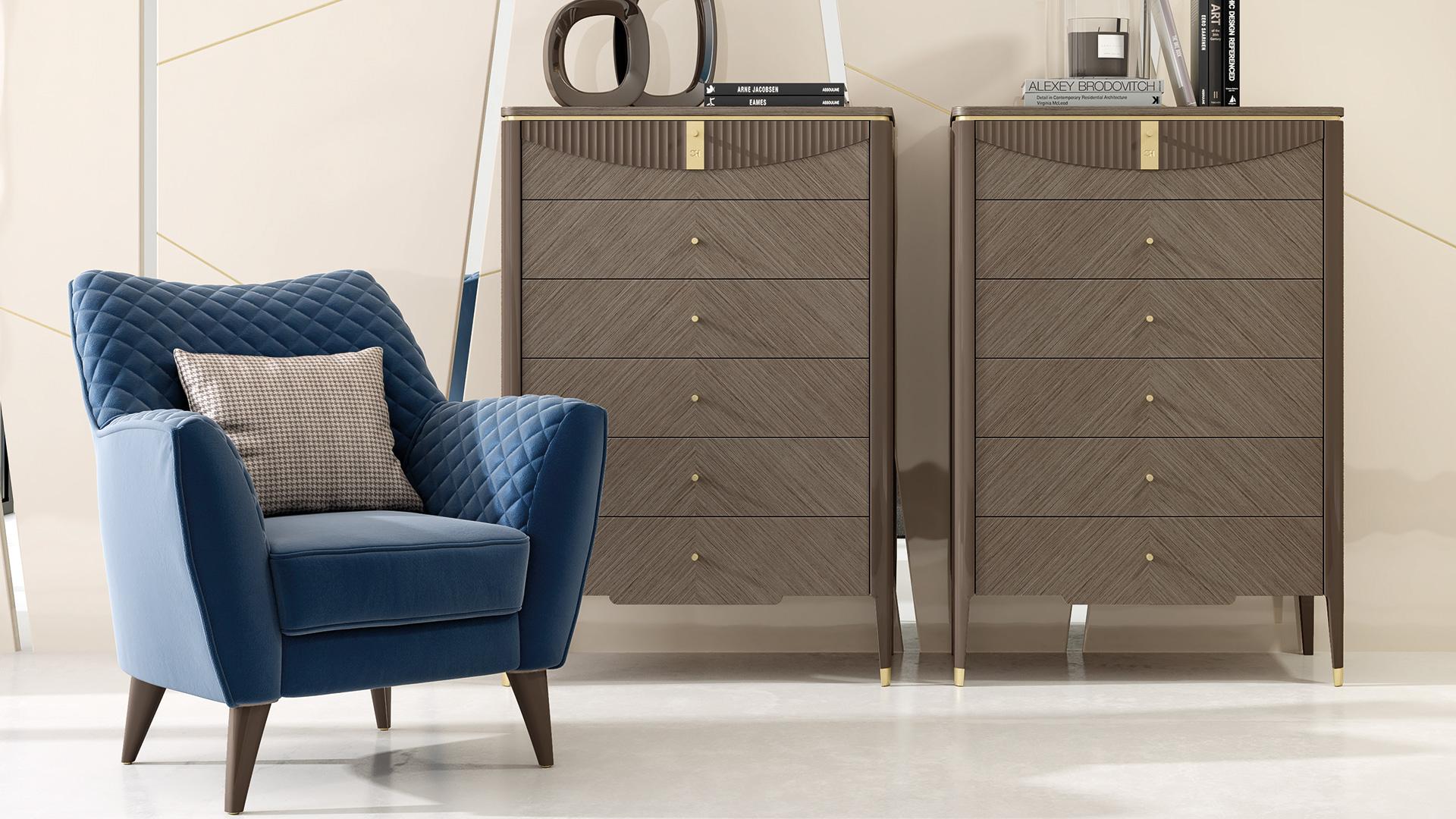 Six drawers cabinet. The beautiful mix between natural Walnut wood and golden galvanic metal details is perfect for a Contemporary and luxurious environment . The lacquered wave decor on the front gives a touch of style to the piece. On the inside,