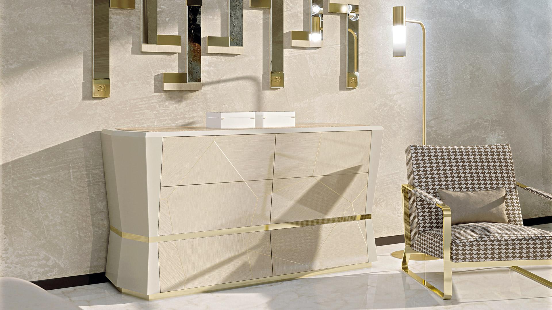 Chest of drawers with six drawers. Created to stand out and be the most luxurious collection ever. With its iconic shape almost like a diamond, enriched by the use of 